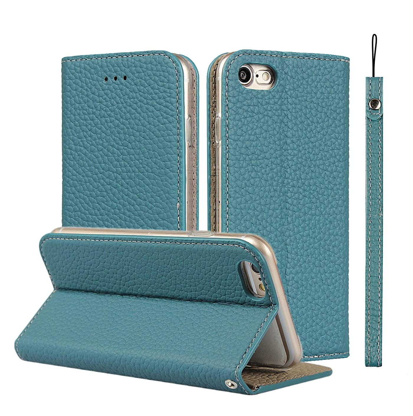 iCoverCase Genuine Leather Case for iPhone SE(2022)/SE(2020) iPhone 7/8, Wallet Case with Wrist Strap and Card Slots Magnetic Closure Kickstand Feature Flip Cover Case (Light Blue)