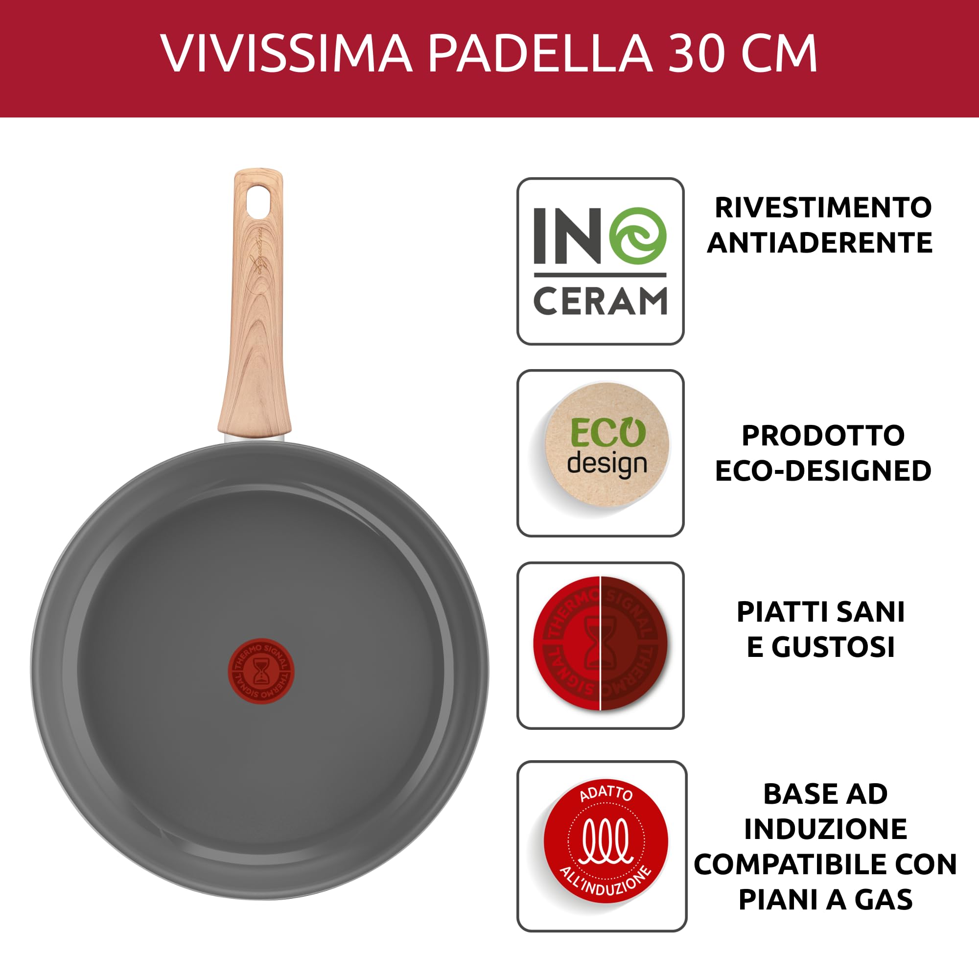 Lagostina Vivissima, Padella Antiaderente 30 cm con Manico Lungo, Rivestimento in Ceramica, Riscaldamento Rapido e Cottura Uniforme, Adatto a Tutte le Fonti di Calore Inclusa Induzione