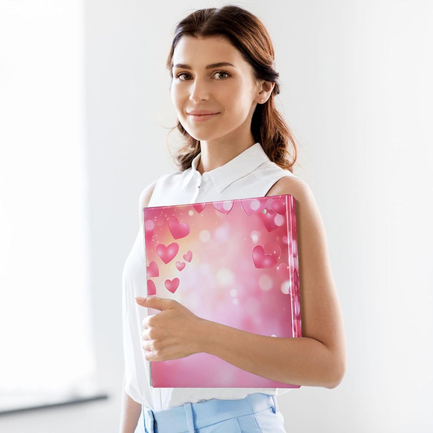 Valentine's Day Pink Hearts 3 Ring Binders, 1.5” Round Ring Binders with Clipboard - Letter Size, 3 Interior PVC Clear Pockets & Anti-Slip Clip for Office School Supplies, 2PCS