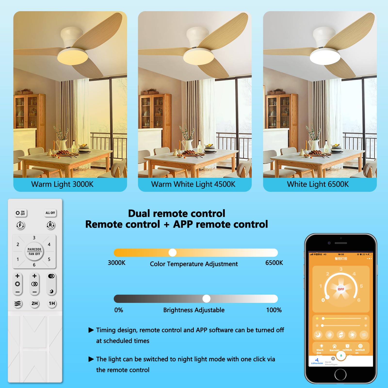Deckenventilator mit Beleuchtung und Fernbedienung APP-Kontrolle 30W LED Dimmbar 3 Farbtemperatur 107cm 3 Flügel 6 Geschwindigkeiten Timer