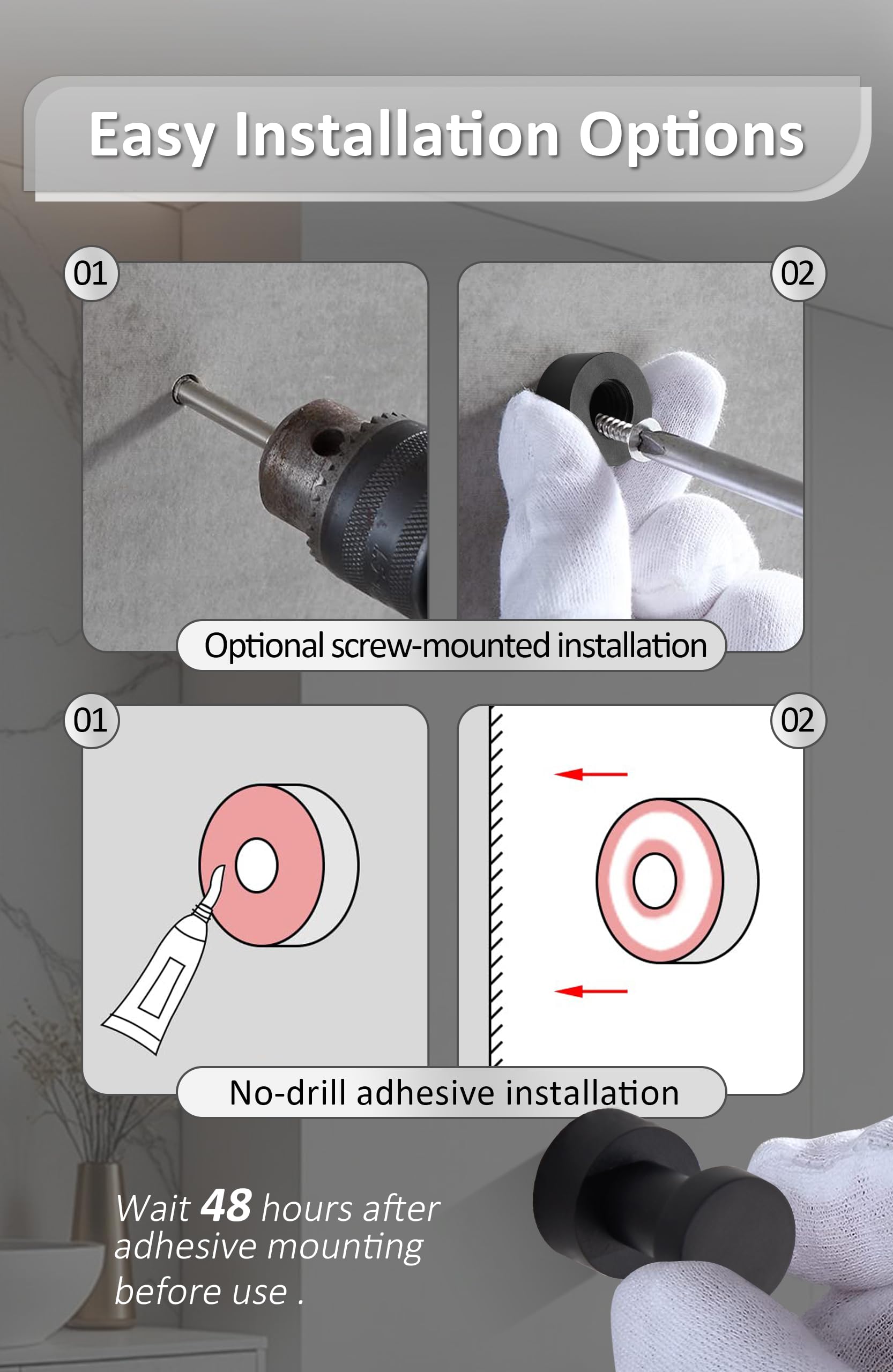 BGL Ganchos para abrigos montados en la pared, ganchos adhesivos resistentes, ganchos de pared negros, gancho para toallas para baño, cocina, puerta, armario, armario, latón, 5 paquetes
