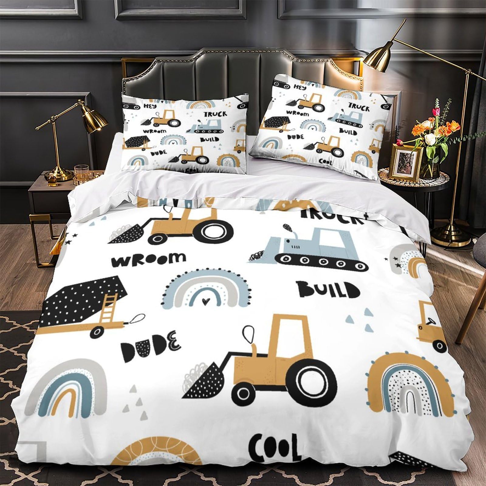 Parure de lit machines de construction 200x200cm avec housse de couette microfibre jaune pour couple