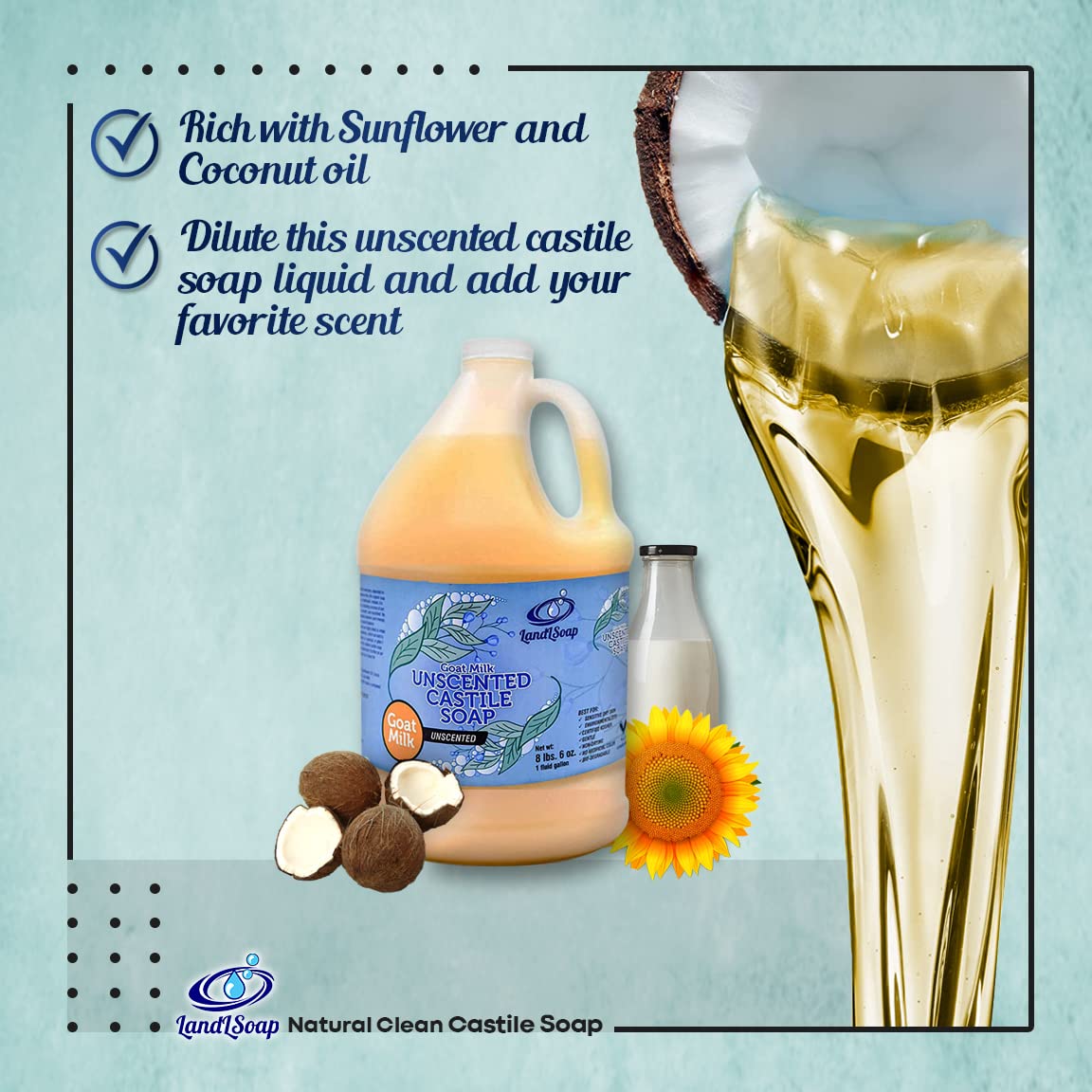 Goat Milk Unscented Pure Castile Soap Liquid for Face, Hand & Body Wash-Vegan, Non-GMO, Made in USA, All Skin Types, Dry & Sensitive Skin (1 Gallon)