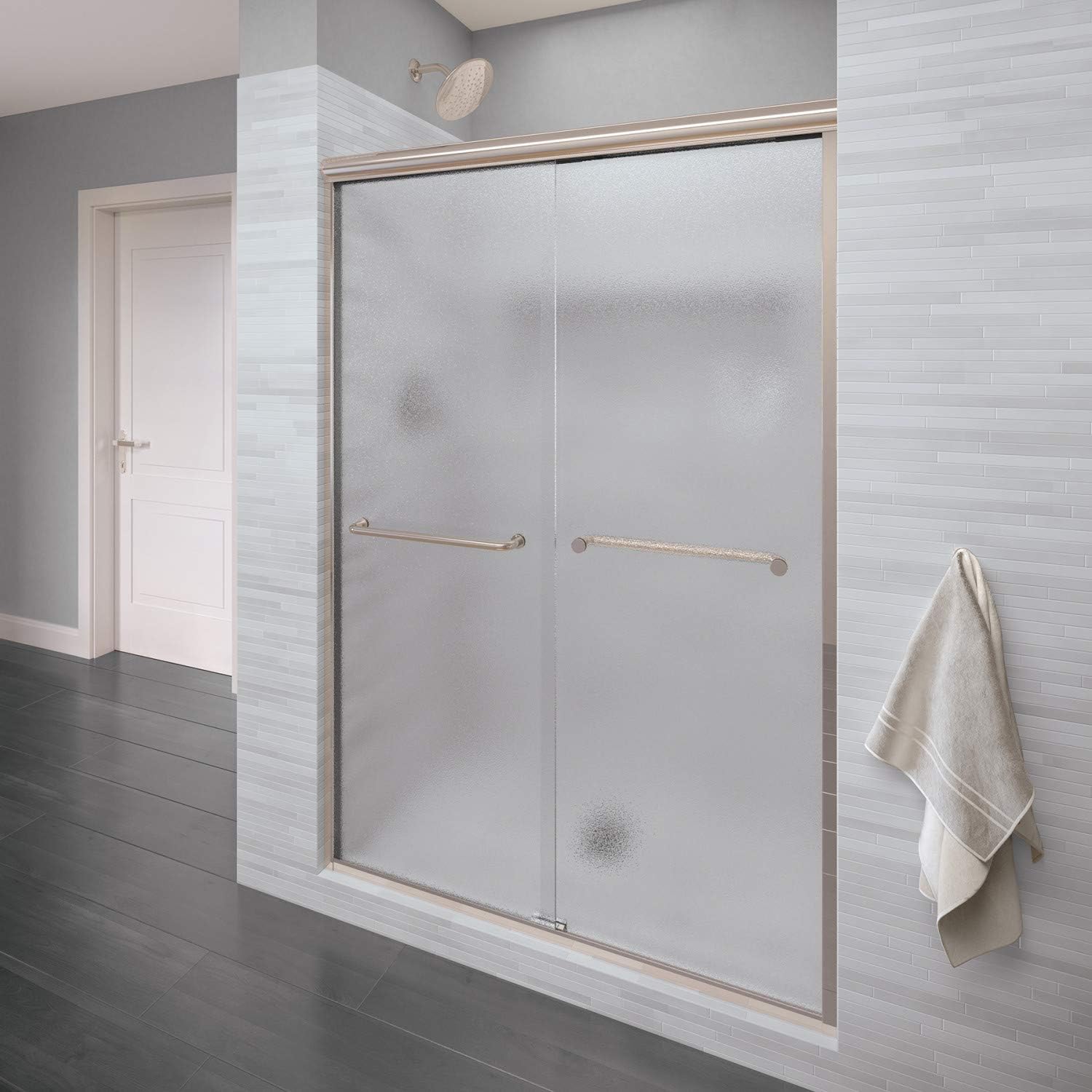 Basco Shower Door Infinity Semi-Frameless Sliding Shower Door, Fits 54.5-58.5 inch opening, Obscure Glass, Brushed Nickel Finish