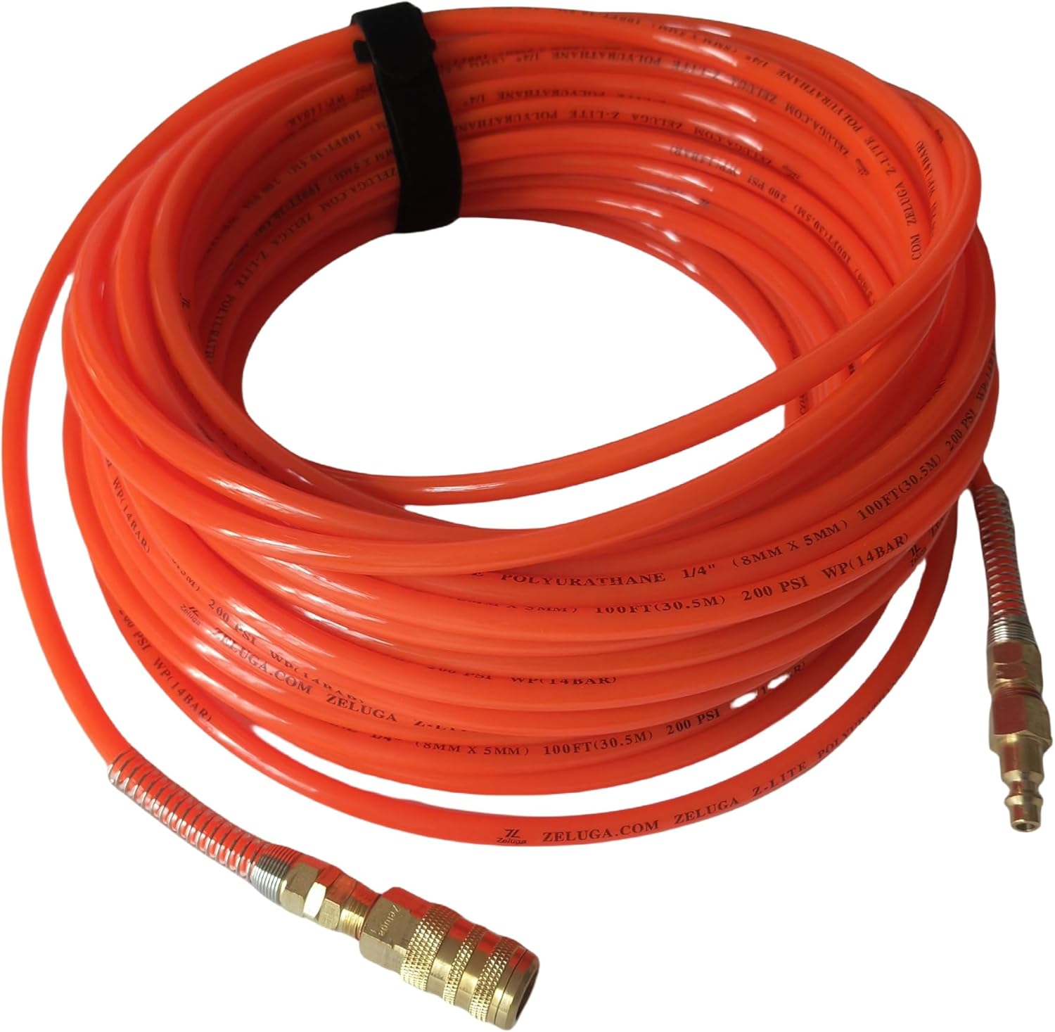 Zeluga 21-342 Polyurethane Non-Transparent and Without Wire Reinforced Air Hose 1/4in. x 100 Feet with Fittings, Extremely Light Weight, Orange