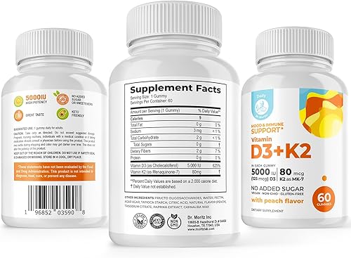 Miniatura 2 de DR. MORITZ Gomitas de vitamina D3 (5000 UI) con K2, para adultos y niños, gomitas de vitamina D3 K2 para apoyo inmunológico y salud ósea, veganas,