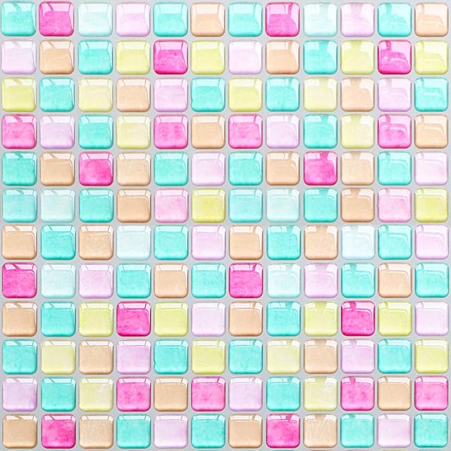 Yoillione 3D Effect Peel and Stick Wall Tiles for Kitchen and Bathroom, Waterproof Mosaic Tile Stickers, Vinyl Backsplash Tiles Self Adhesive Tiles, 4 Sheets-Colorful