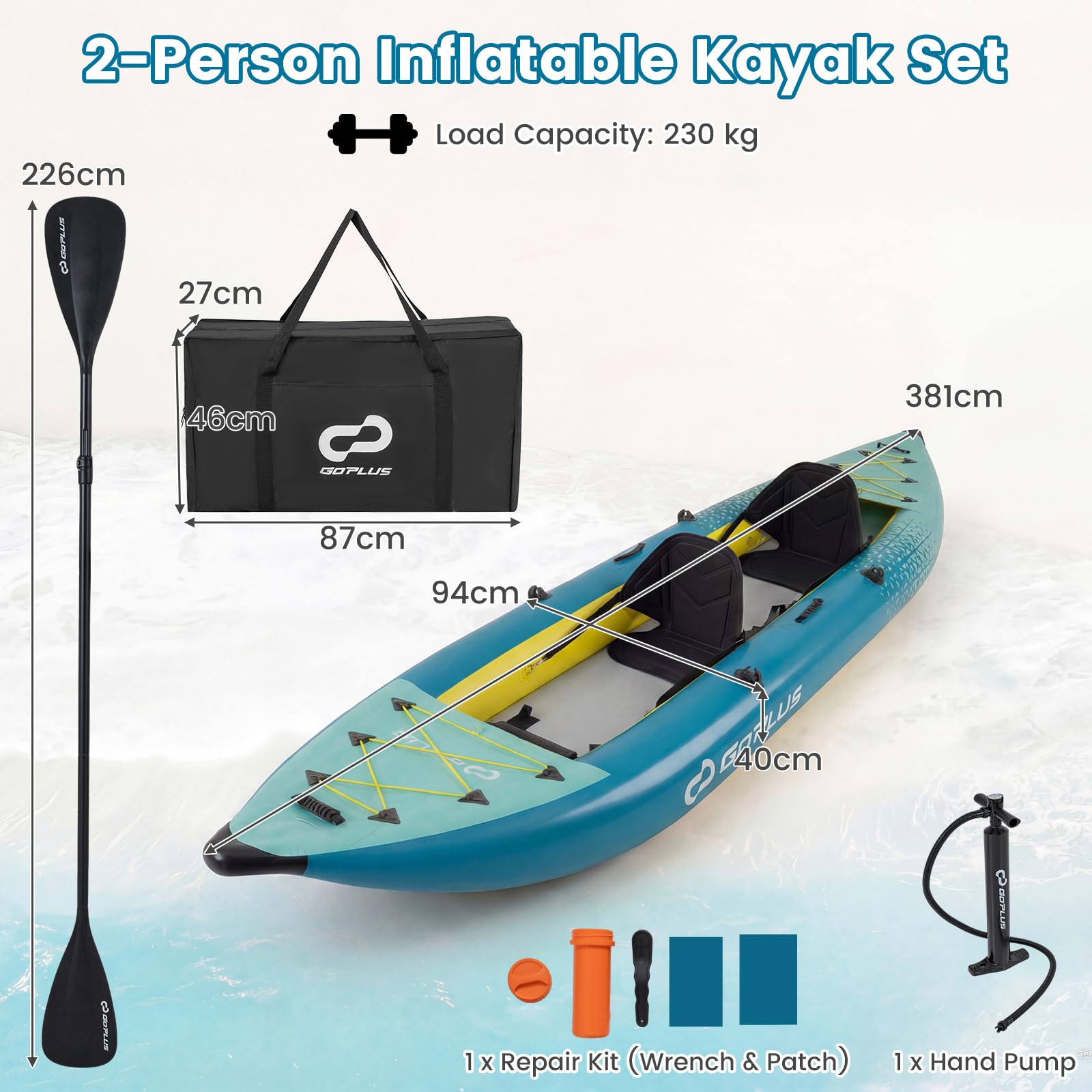 FANTASK kajak aufblasbar, Schlauchboot 2 Personen mit Aluminiumrudern, aufblasbares Kanu gepolstertem Eva-Sitz, Handpumpe & Reparaturset, Kayak 230 kg Gewichtskapazität mit Tragetasche (Türkisblau)