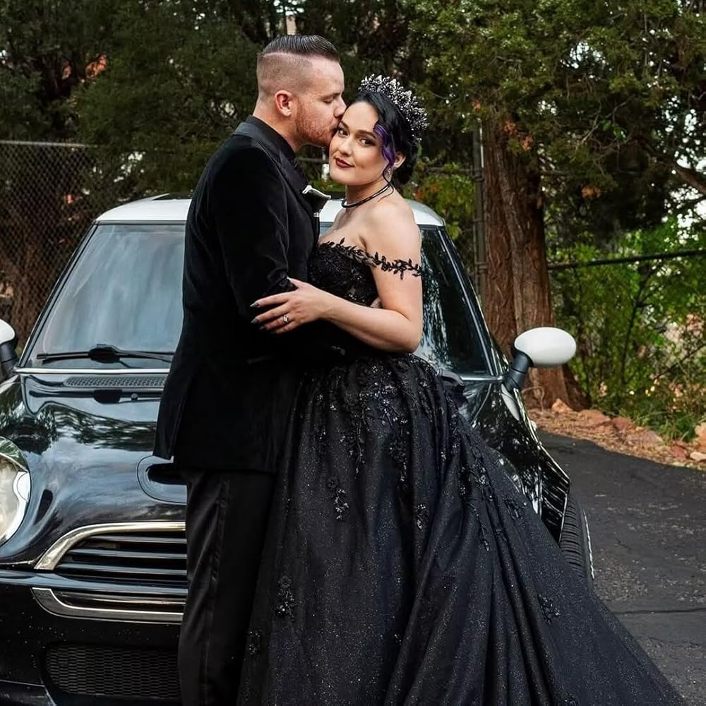 best black dresses Black and White Gothic Wedding Dresses Deep V Neck – TANYA BRIDAL