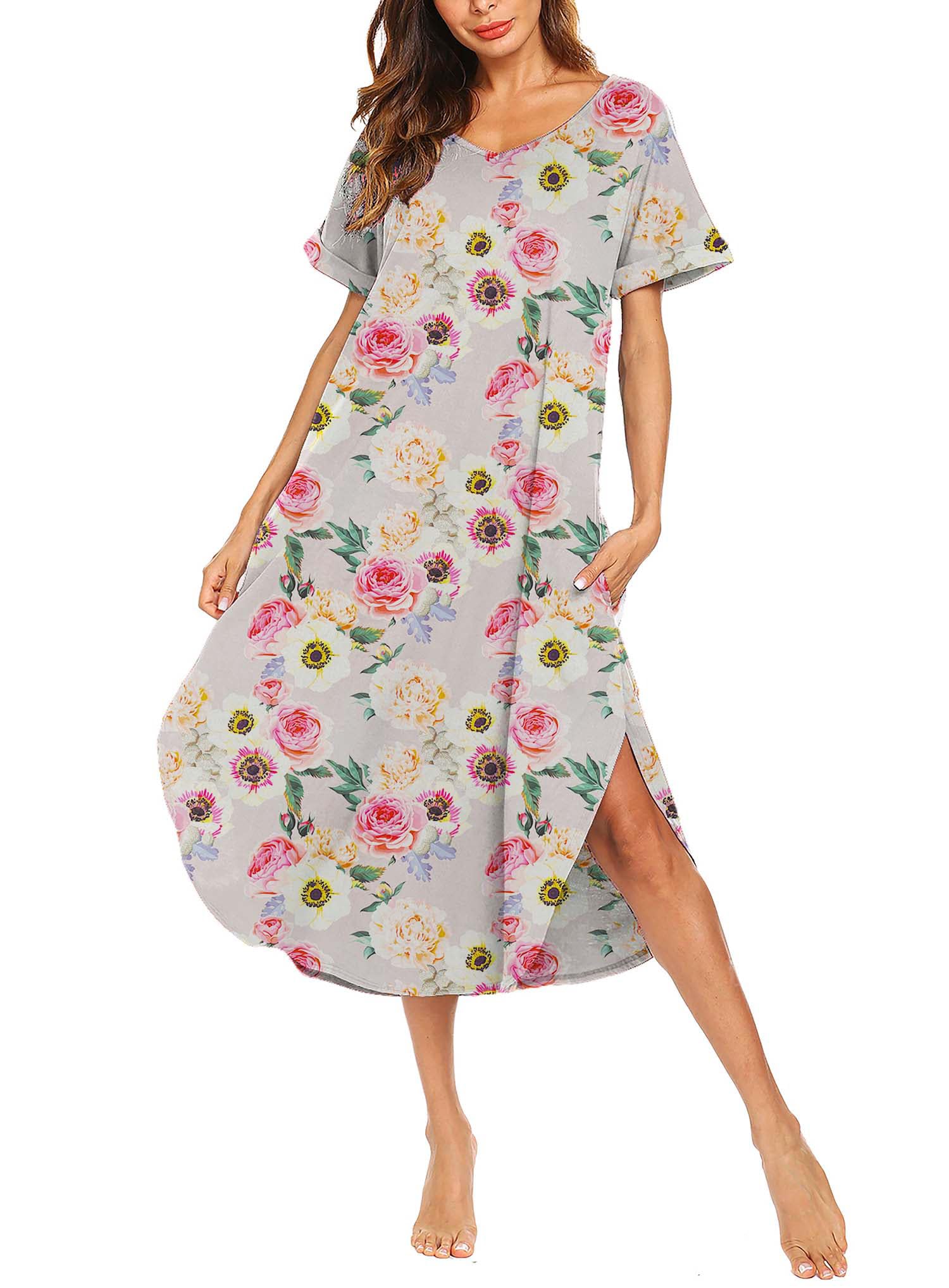 AVIIER Cotton Nightgowns for Women Short Sleeve House Dress Long Night Gown with Pockets S-XXL
