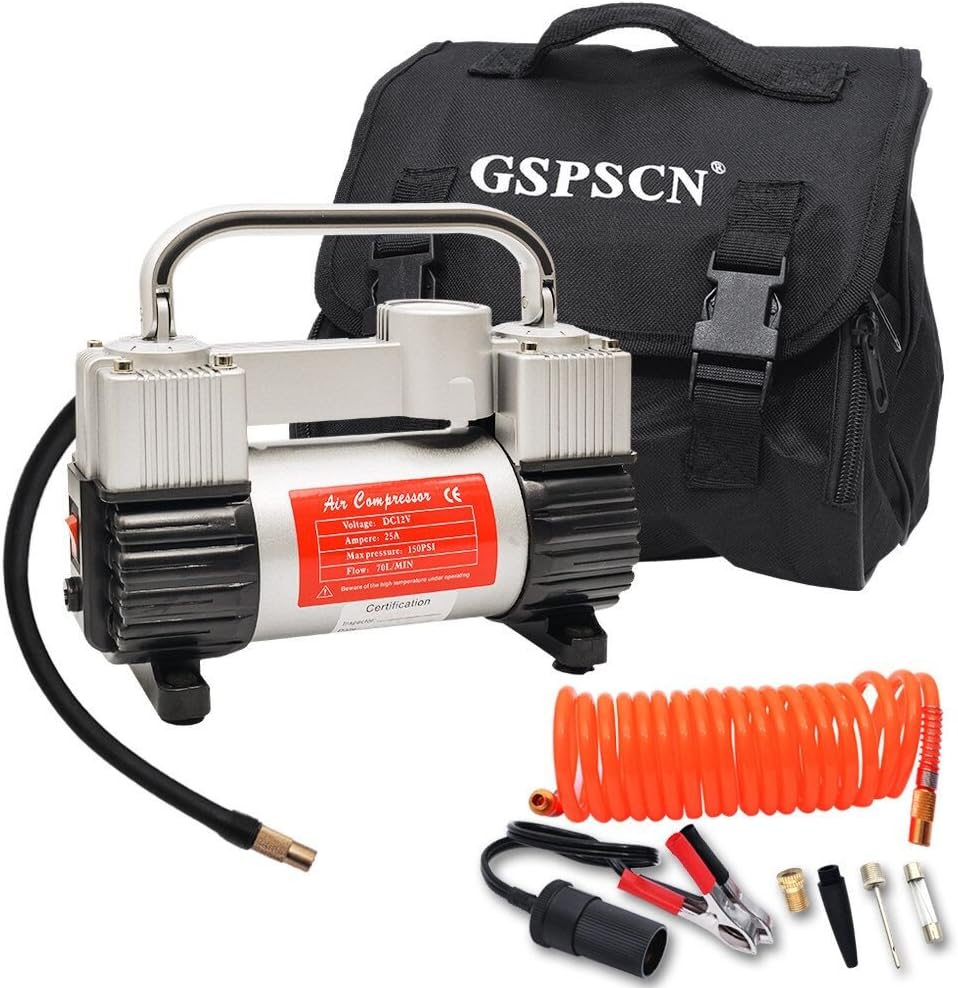GSPSCN Tyre Inflator,Heavy Duty Double Cylinders Metal Air Compressor Tyre Pump with Portable Bag 12V,150PSI,70/Min,with 3 Adapters for Car, Bike, SUV Tires, Dinghy, Air Bed etc