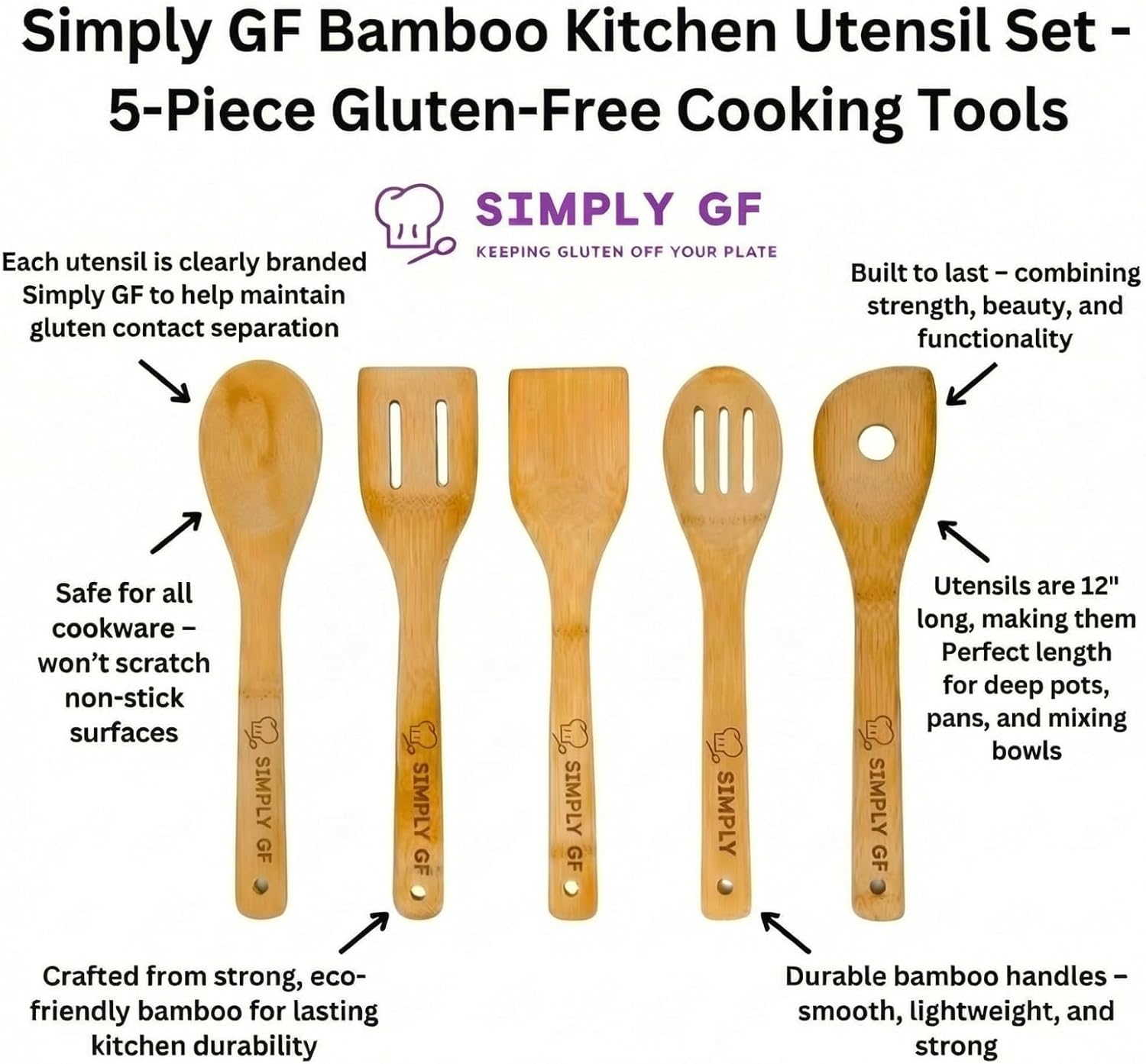 8-Piece Bamboo Cutting Board & Utensil Set – 3 Extra-Thick Boards with Juice Grooves (15", 11", 9") + 5 Cooking Utensils – Dedicated Gluten-Free Kitchen Tools, Ideal for Mixed-Diet Homes