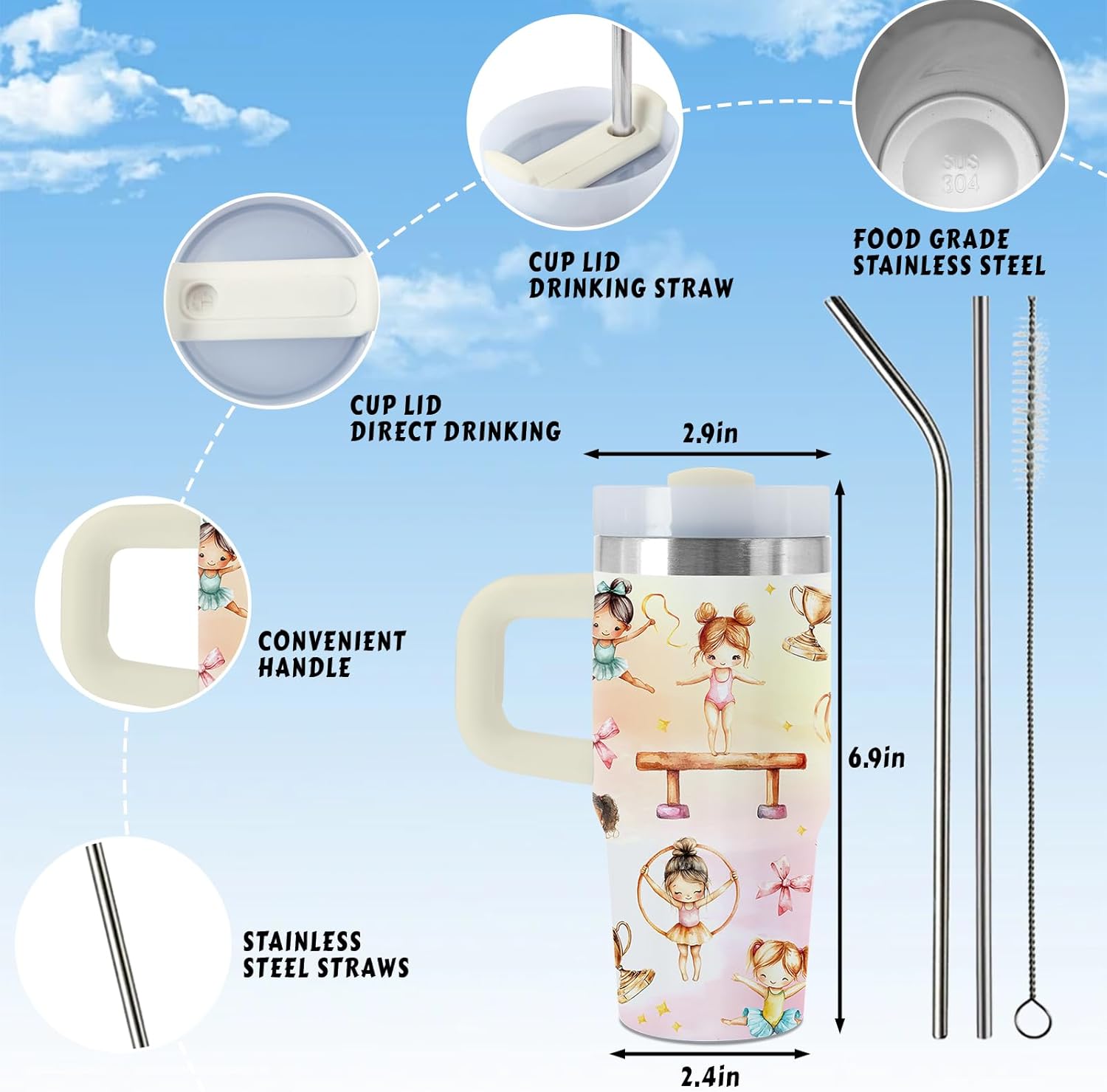 Gymnastics Gifts, 14 Oz Gymnastic Tumbler with Handle & Straw, Thanksgiving Christmas Birthday Gift for Gymnastics Coach, Gymnastic Stainless Steel Tumbler for Daughter, Dance Gifts, 1 PCS - Image 5