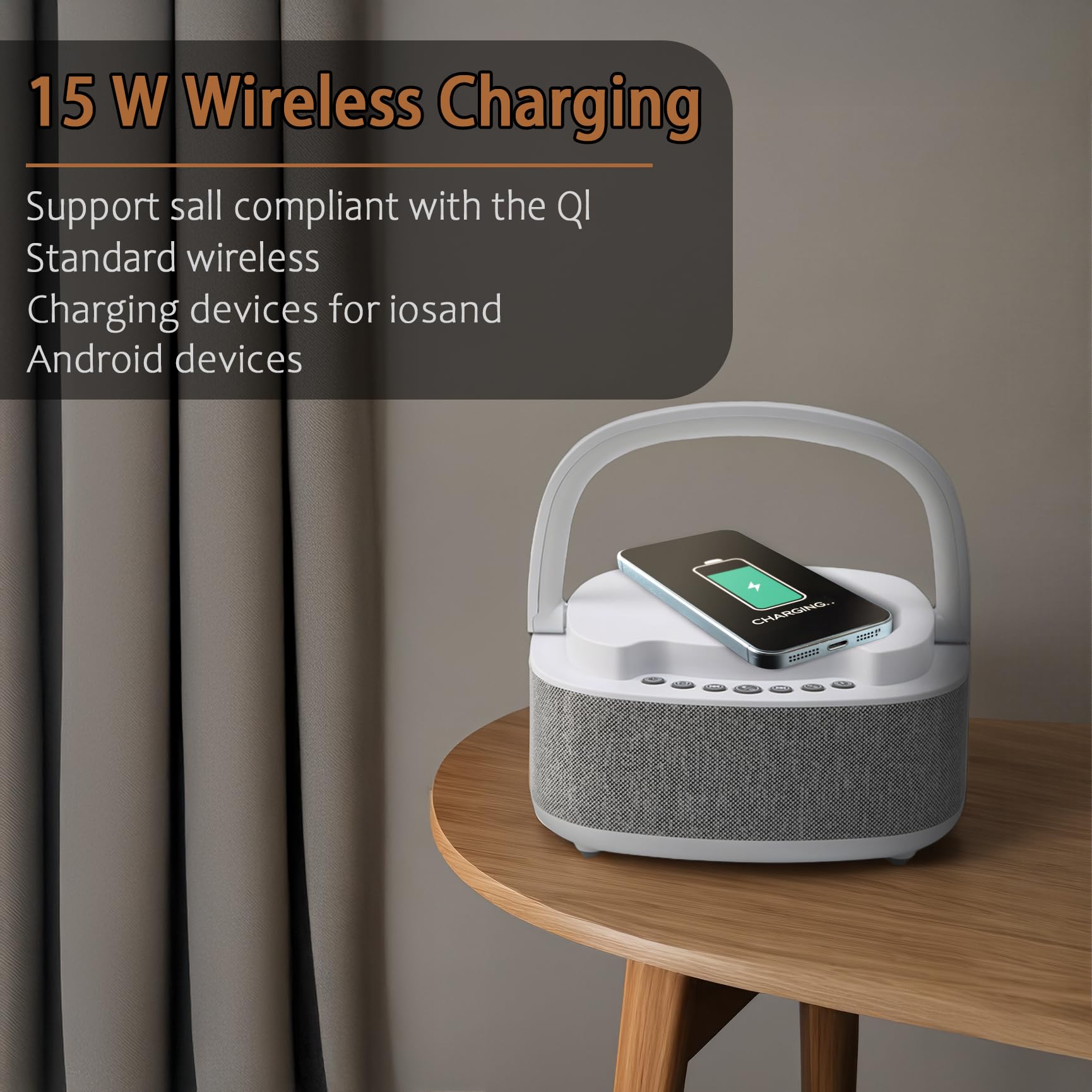 Sveglia digitale con caricatore wireless 15 W, altoparlante Bluetooth, radio FM, camera da letto, soggiorno, ufficio