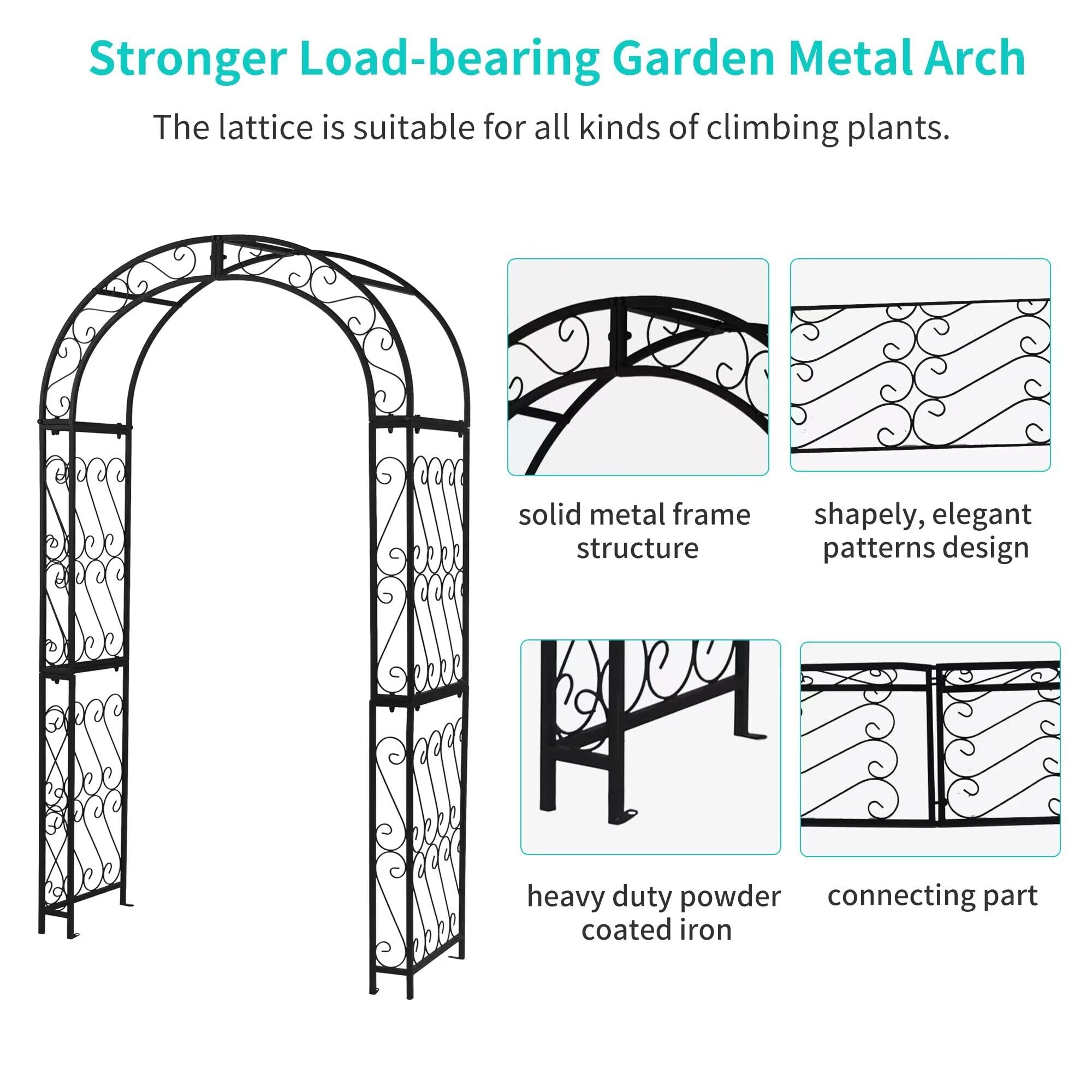 124 cm x 47cm x 212 cm Gartenbogen, Schwarzer robuster Metall-Eisen-Bogen, Innenhof-Gussgitter für Verschiedene Kletterpflanzen, Outdoor-europäischer Torbogen für Hochzeitszeremonie