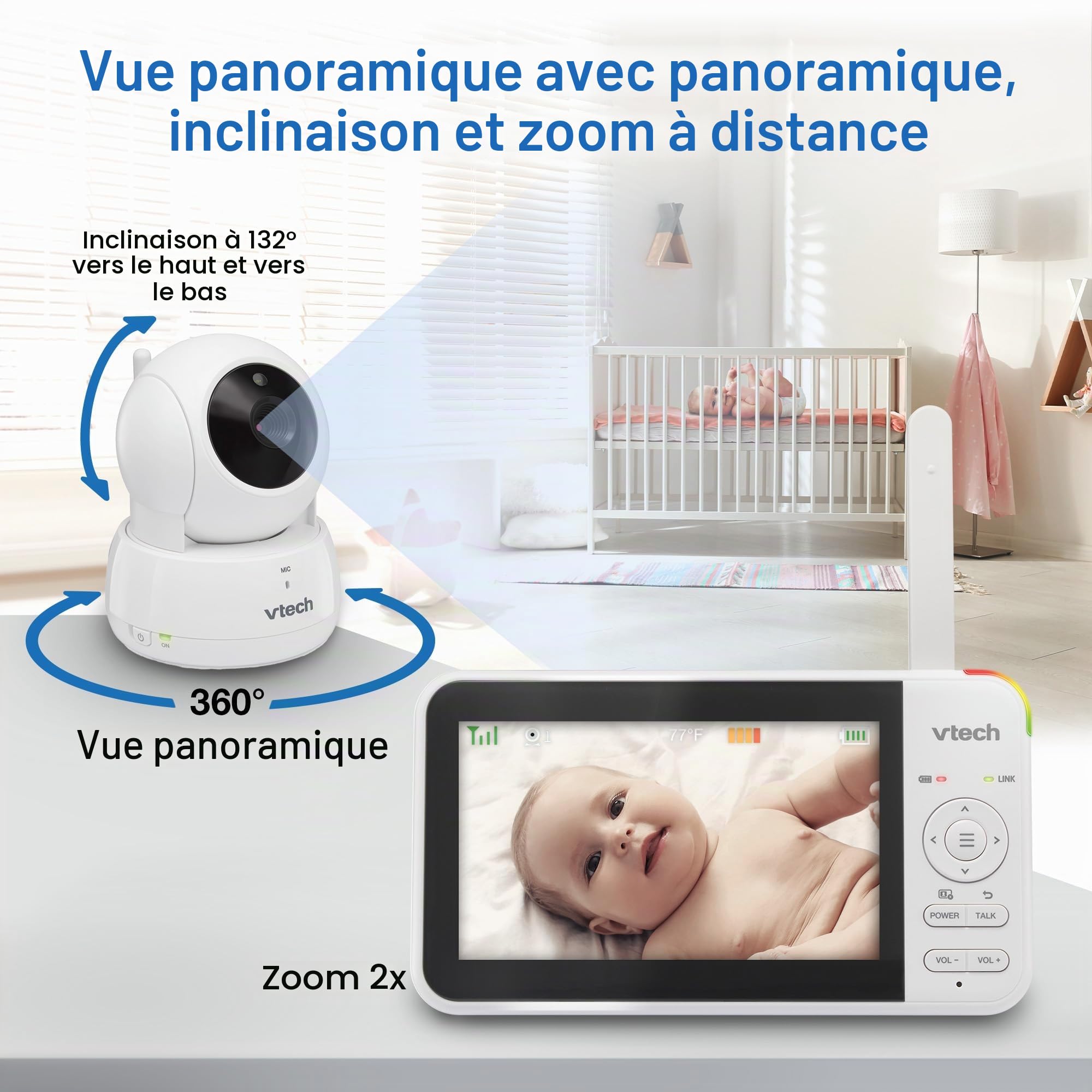 VTech VM924-2 Moniteur vidéo avec télécommande Pan-Tilt-Zoom 2 Cam, écran LCD de 12,7 cm, jusqu'à 17 heures de transmission vidéo, vision nocturne, portée jusqu'à 300 m, sons apaisants