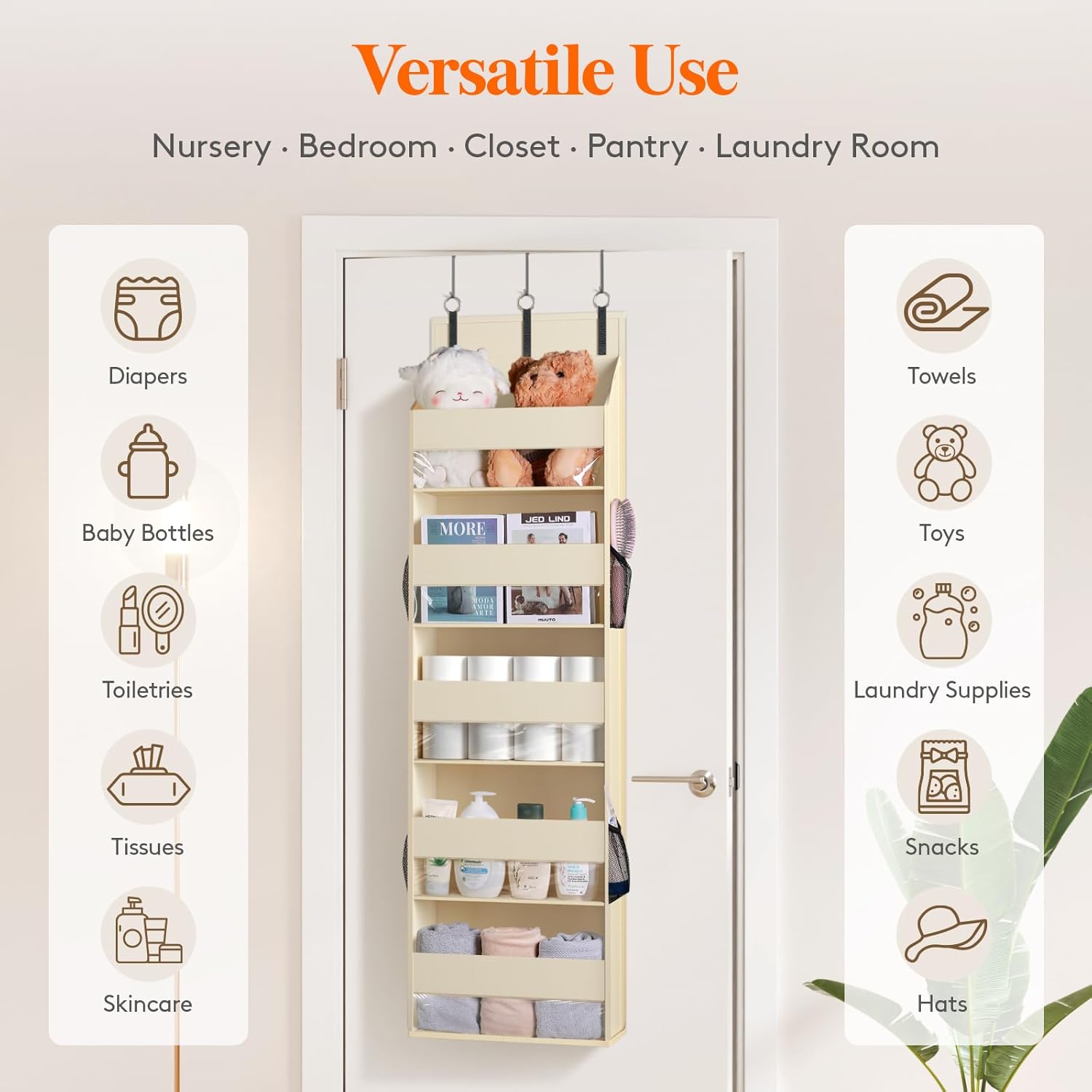 Lifewit 1 Pack Over the Door Organizer, Clear Window Hanging Storage with 4 Mesh Side Pockets, Anti Tilt 40 lbs Load Behind Door for Pantry, Nursery, Bathroom, Bedroom, Dorm, 5 Section, Beige - Image 6