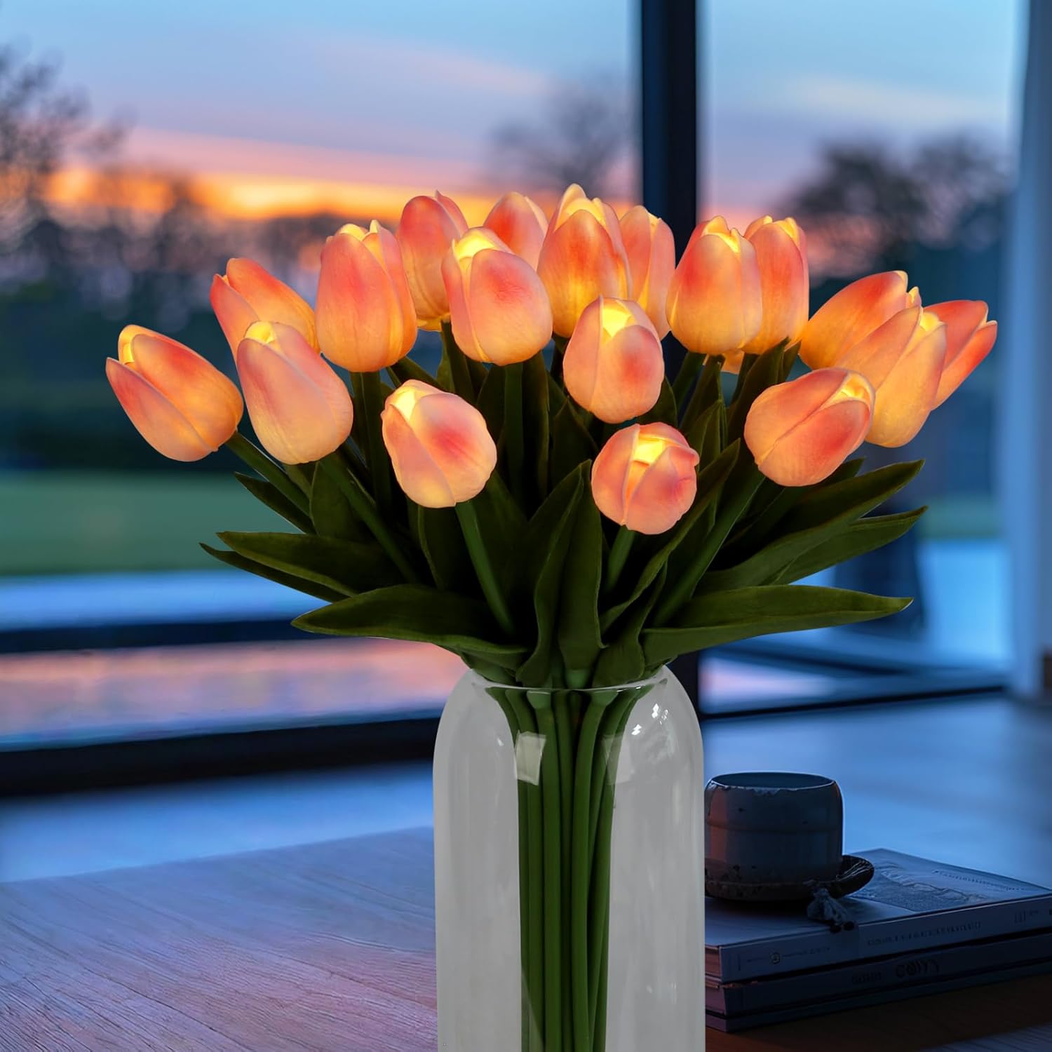 HOMESEASONS 20pcs Tulip Bouquet Lamp Artificial Flower Night Light Real Touch Tulip Night Lamp LED Flower Light Home Kitchen Decor(Pink)