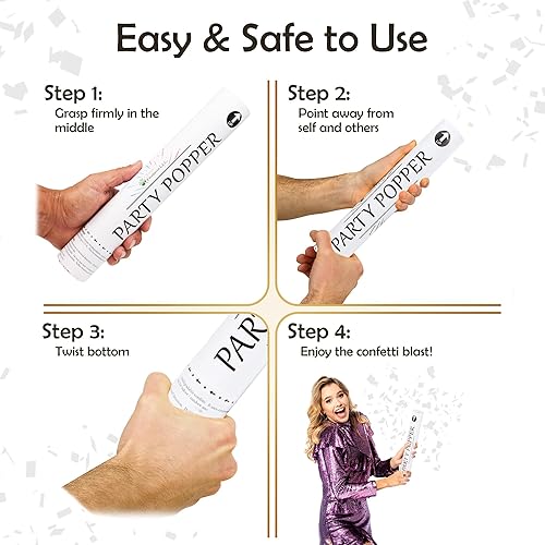 Miniatura 4 de Clover Products - Cañones de confeti biodegradables de 12 pulgadas Paquete de 6 Poppers blancos para bodas, cumpleaños y eventos Alimentados por