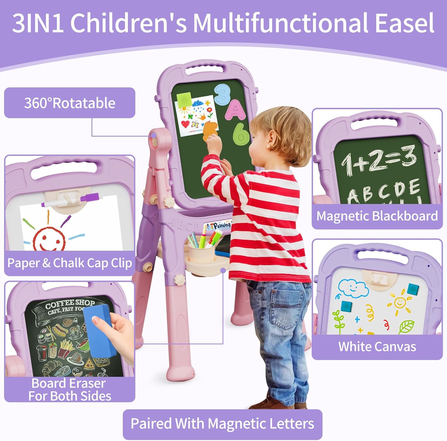 Easel for Kids Age 2-4 Toddlers Art Chalkboard and White Board Double Side with Chair Height Adjustable Drawing Writing Learning Toy for Age 2 3 4 5 Year Boys Girl Educational Birthday Gifts