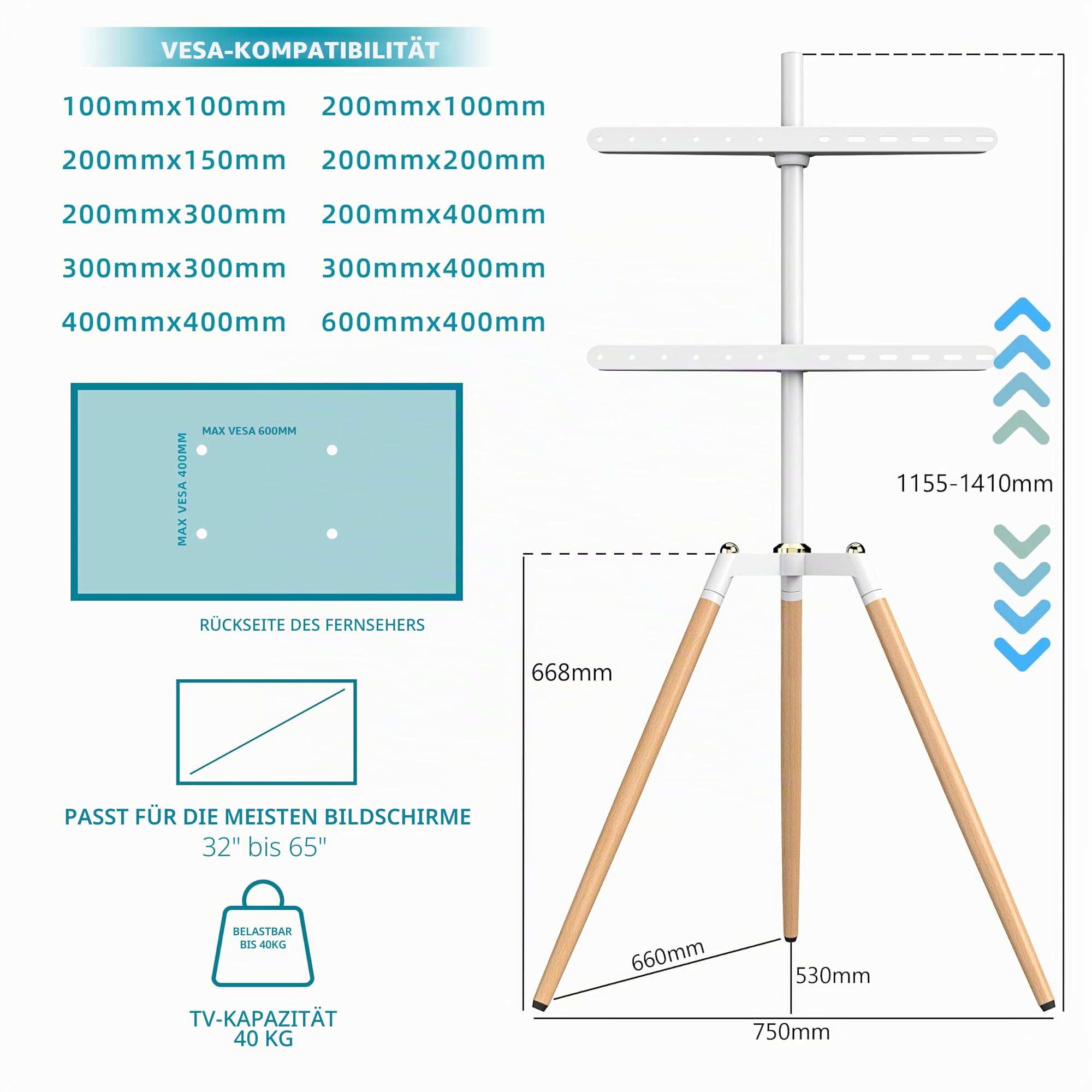 ETHU TV Staffelei bis 40kg, TV Stativ für 32-65 Zoll Curved Fernseher | Universeller TV-Bodenständer, höhenverstellbar & 140° schwenkbar, max. VESA 600x400mm, für LED LCD LED & Curved TV