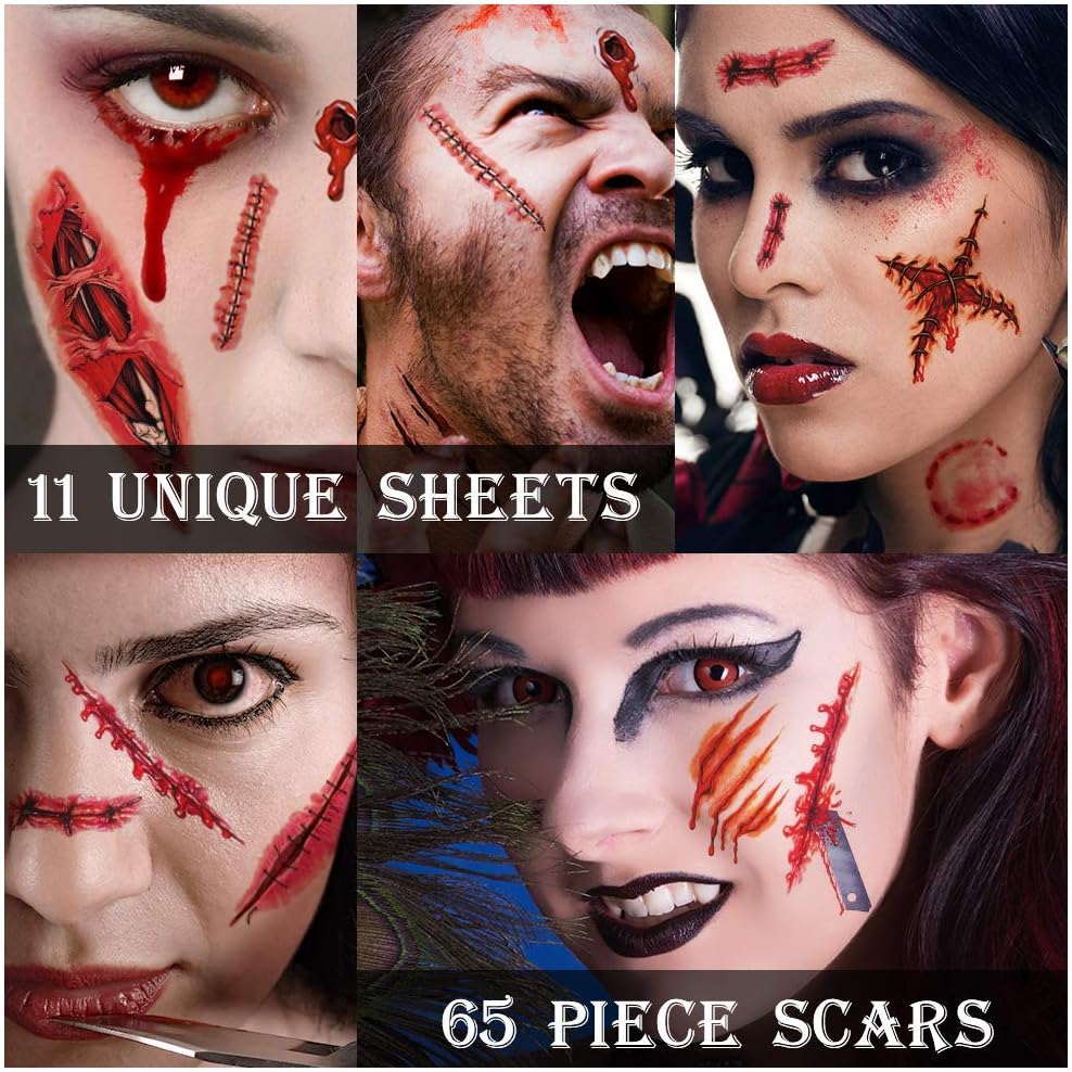 Zombie Makeup, 11 sheets Zombie Tattoos, Zombie Makeup Kit, Halloween Makeup Kit, Scar Tattoo, Fake Blood Makeup Fake Scars Cuts, Vampire Makeup, Healthy Makeup for Kids, 11 Sheets,67 pics Scars