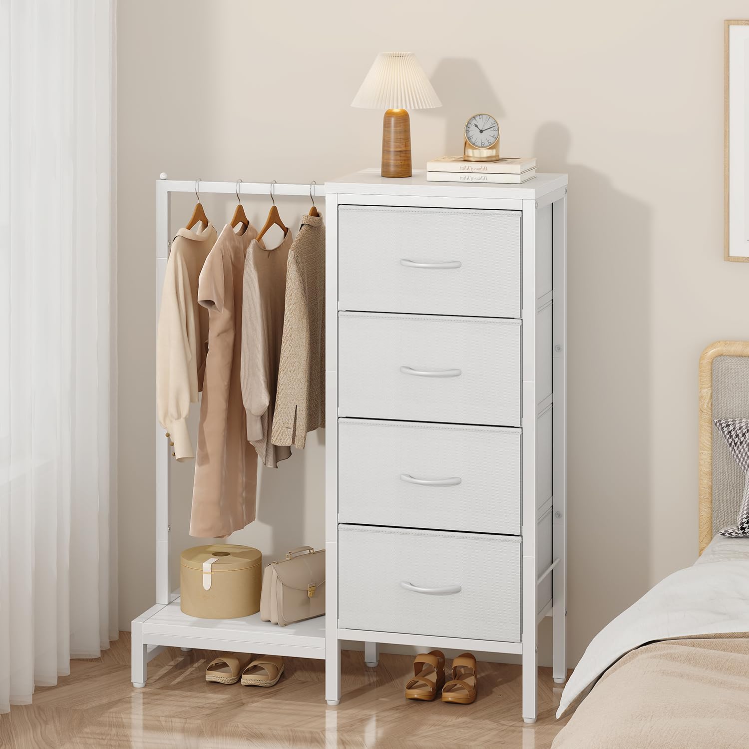 YMYNY Porte-Manteau Commode Blanche avec 4 Tiroirs en Tissu HGR006W