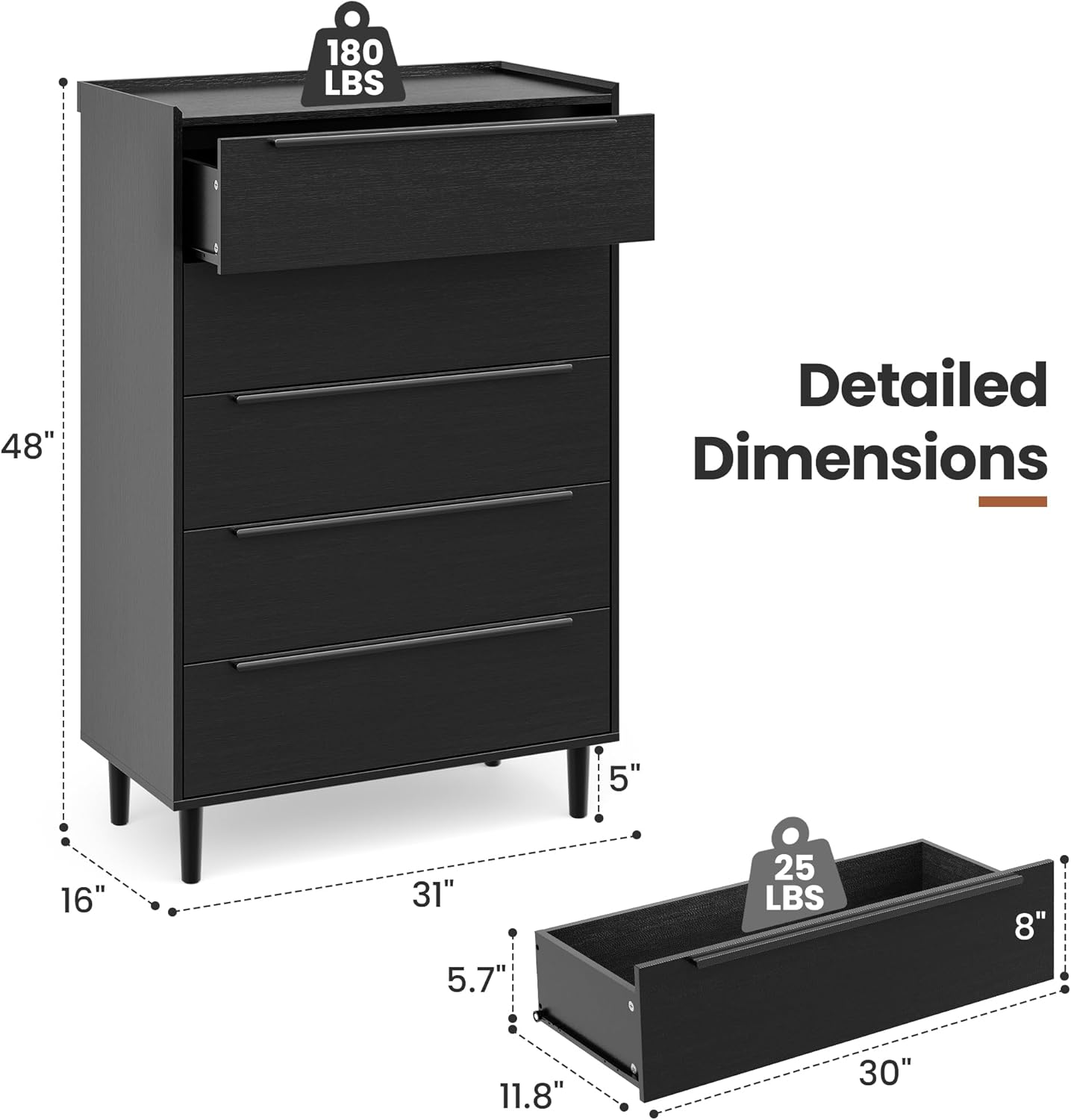 32" Wide Black Dresser, 48" Tall Modern 5 Drawer Chest of Drawers with Wood Grain Finish, Slim Vertical Storage Cabinet with Raised Edge & Anti-Tip Kit