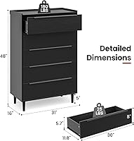 Vista 2 de 32" Wide Black Dresser, 48" Tall Modern 5 Drawer Chest of Drawers with Wood Grain Finish, Slim Vertical Storage Cabinet with Raised Edge & Anti-Tip