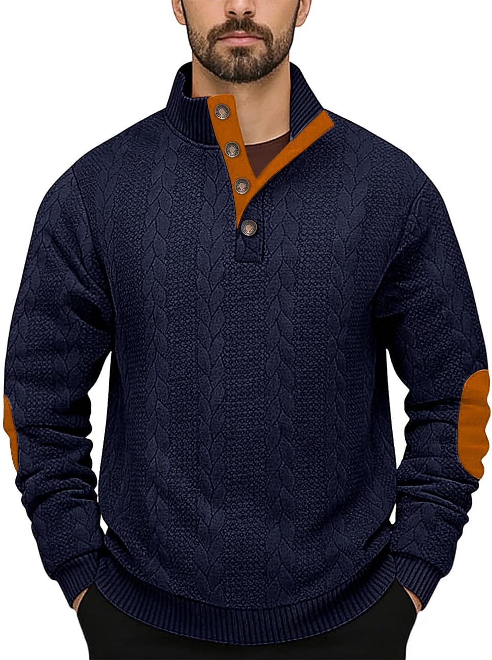 Mens Sweater Knitted Quarter Button Long Sleeve Casual Sweatshirts Quilted Stand Collar Pullover Cable Sweaters