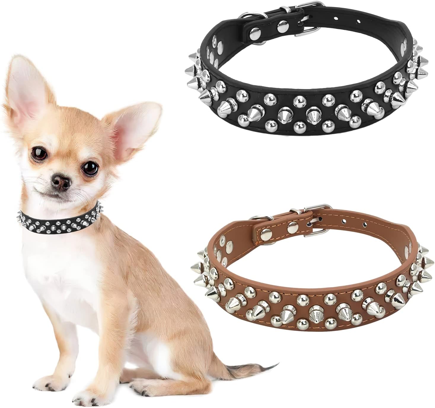 2 Pieces Dog Collars for Small Dogs, Spiked Dog Collars for Small Dogs, Adjustable Puppy Collars Pink, Soft Pu Leather Funny Mushrooms…