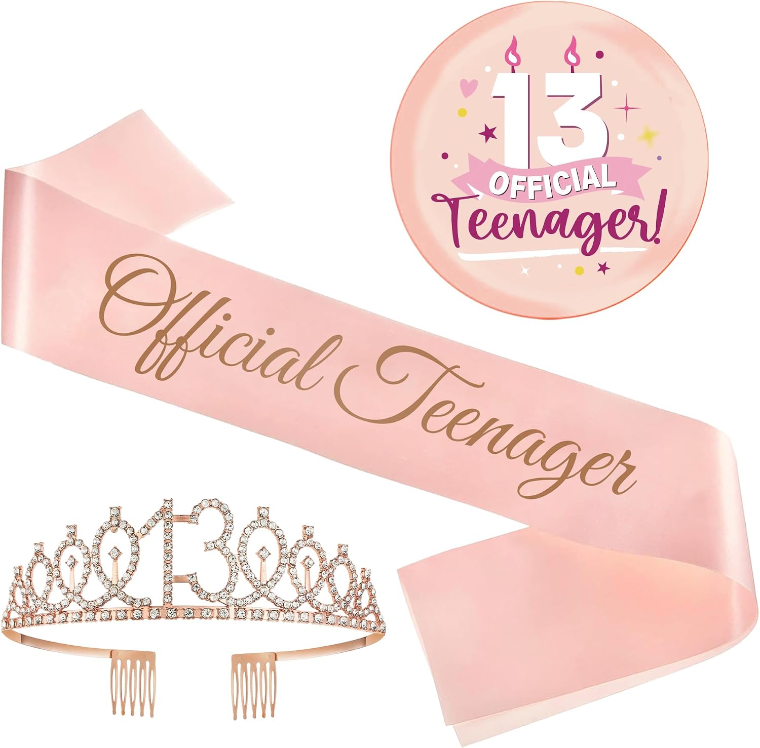 13th Birthday Decorations Teenager Girls - 3 Pcs Rose Gold Official Teenager Sash Tiara Crown Pin Badge Gift Accessories for Girl 13 Year Old Birthday Gifts Party Decor Supplies