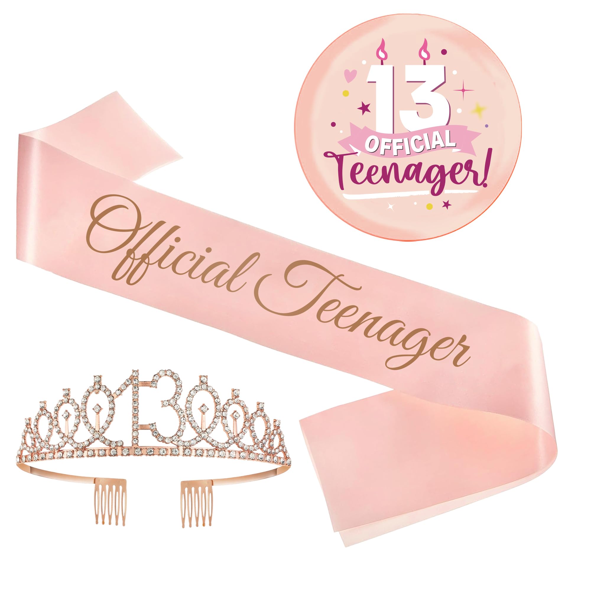 Bcxiuso 13th Birthday Decorations Teenager Girls - 3 Pcs Rose Gold Official Teenager Sash Tiara Crown Pin Badge Gift Accessories for Teen Girl 13 Year Old Birthday Gifts Party Decor Supplies