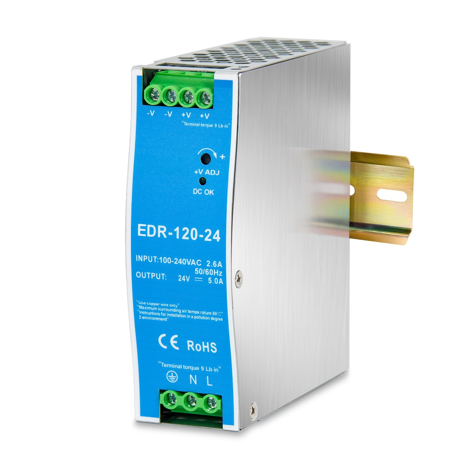 Alimentatore su guida DIN EDR-120-24, convertitore da CA a CC da 120 W 24 V 5 A, ingresso universale 100-240 V CA, con regolazione della tensione e indicatore DC OK