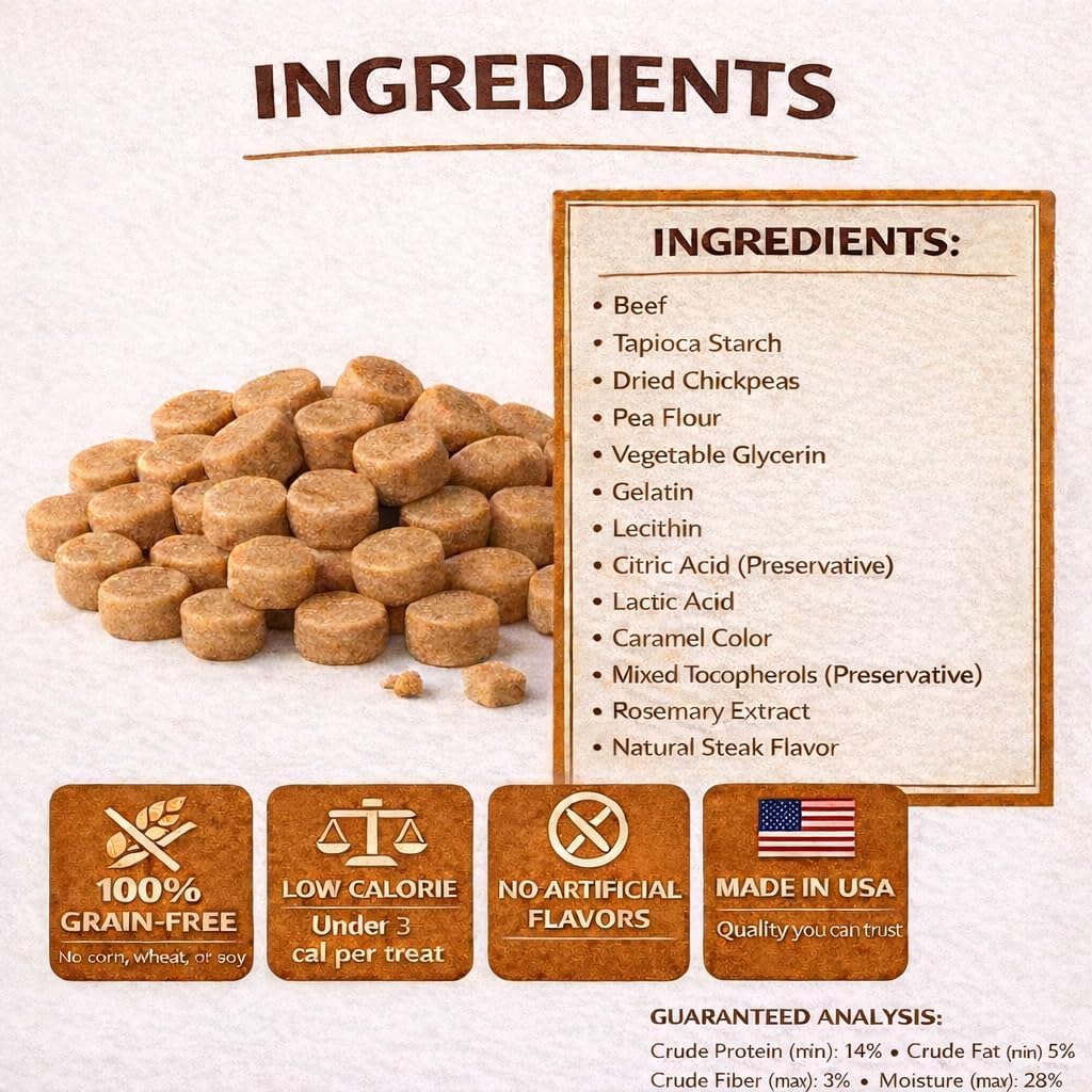 Soft Dog Training Treats, Beef – 12oz, Grain Free Tender Tidbits for Puppy & Adult, Low Calorie Under 3 Cal, Made in USA, Healthy Natural Soft & Chewy Small Dog Treats, All Breeds (Packaging May Vary)