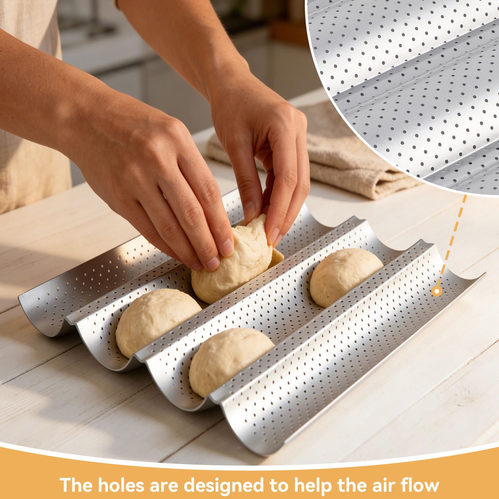 HERCHR Teglie forate per baguette, teglia in acciaio inossidabile per baguette francesi Pane Pane italiano Accessori da cucina(4-ROW)