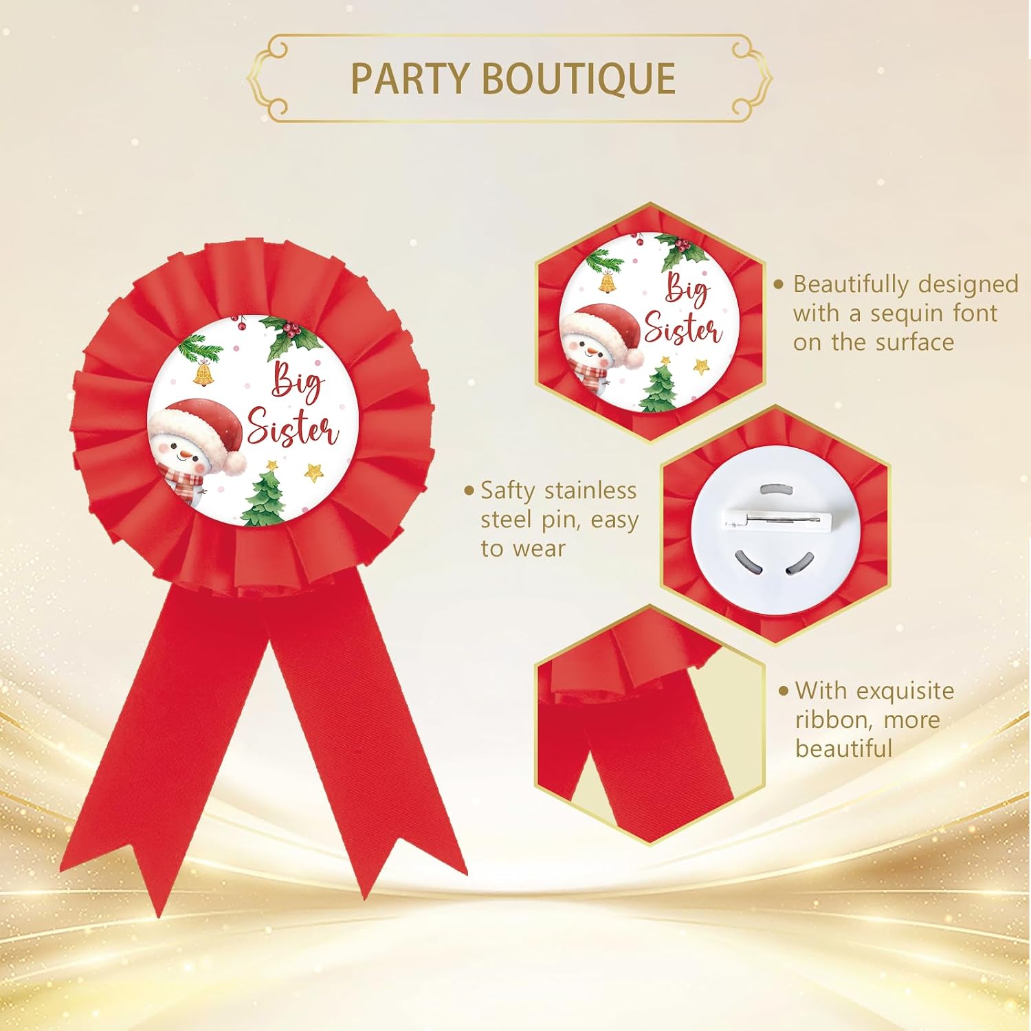 Christmas Big Sister Badge Pin, Snowman Sister To Be Button Pin, Red Rosette Winter Wonderland Baby Shower Button Pin for Girl, Christmas Brooch Buttons for Girl Birthday Party to Wear