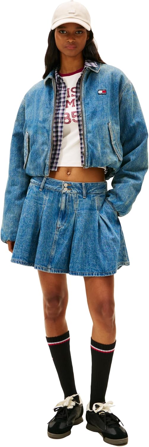 Tommy Jeans Women's Padded Denim Bomber Jacket With Embroidered Flag Logo