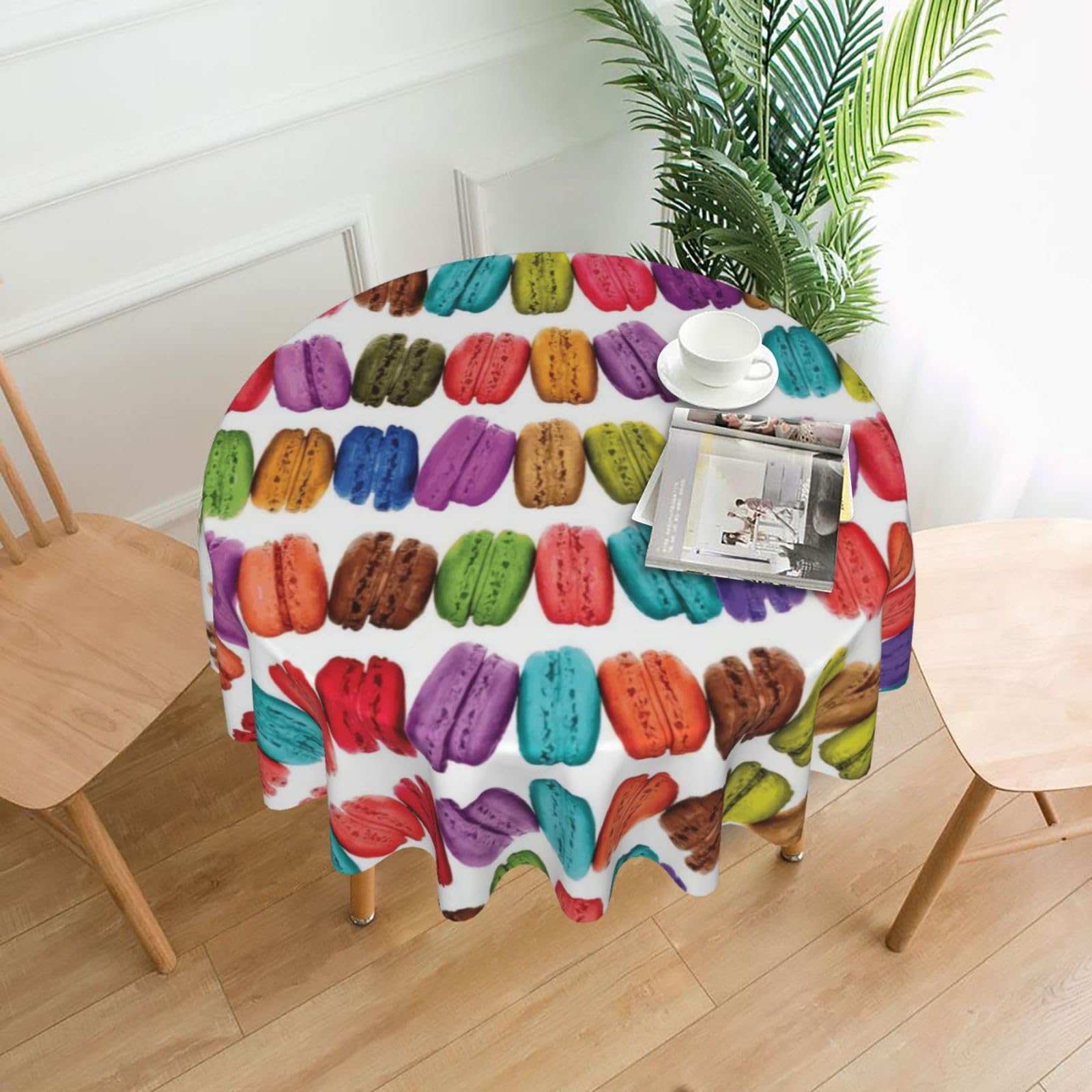 YYHWHJDE Macaron Biscuit Flavored Pastries Prints Round Decorative Tablecloth 60in – Elevate Your Dining Experience with This Stunning Table Throw for Parties & Everyday Use