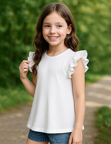 Kilymosy Girls White Shirt Short Sleeve Summer Casual Flutter Tops Tee Blouse 5-14 Years(White,5-6 Years)
