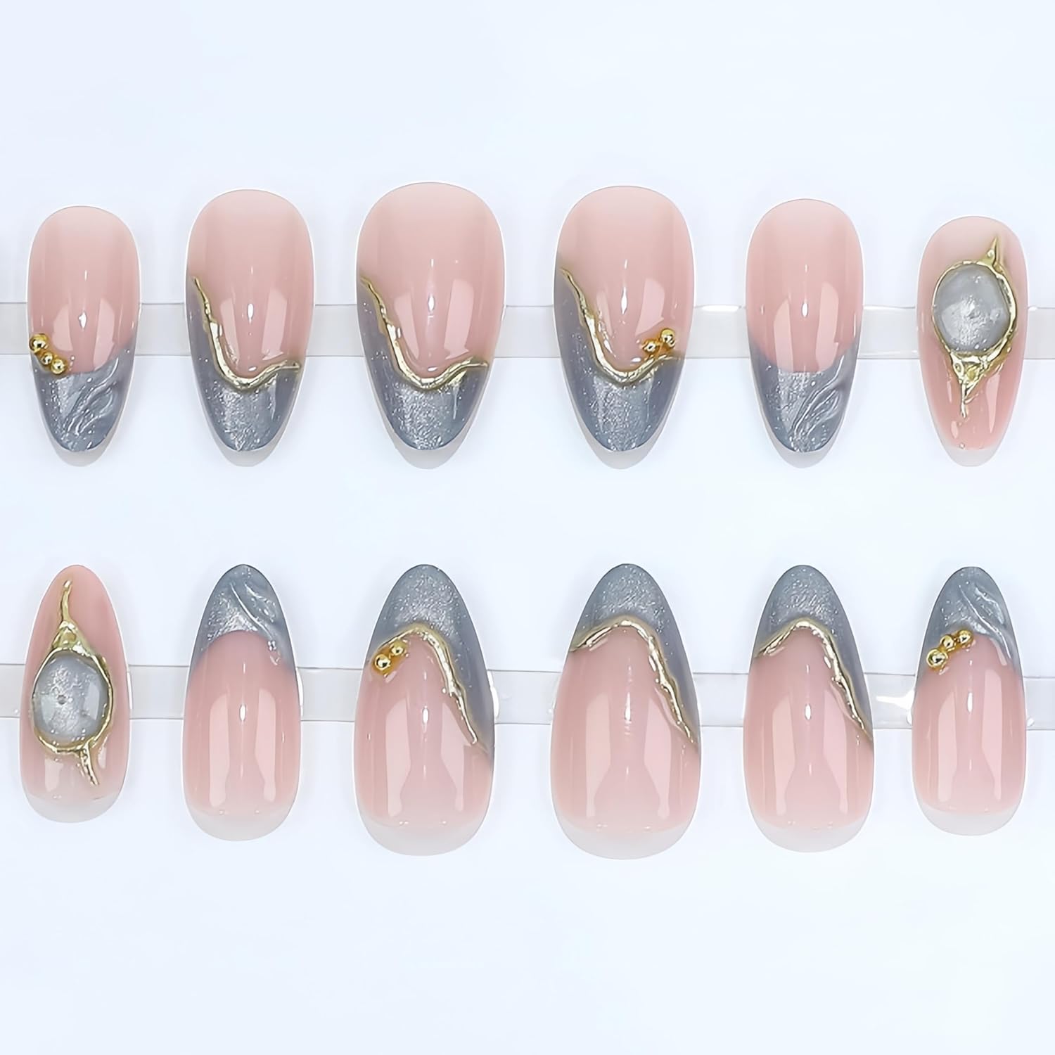 24Pcs Light Blue French Tip Press on Nails Medium Almond Fake Nails with Gold Curve Line Designs Blue False Nails Spring Summer Acrylic Nails Blue Gemstone Gold Thread Artificial Nails for Women