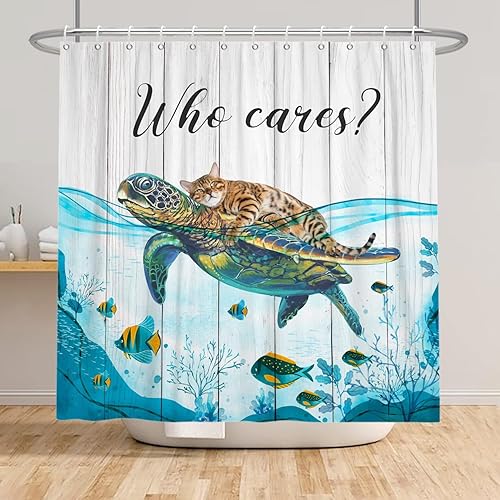 Miniatura 5 de Divertida cortina de ducha con diseño de gato para niños lindo gato sentado con tortuga cortina de ducha de madera juego de cortina de ducha de tela