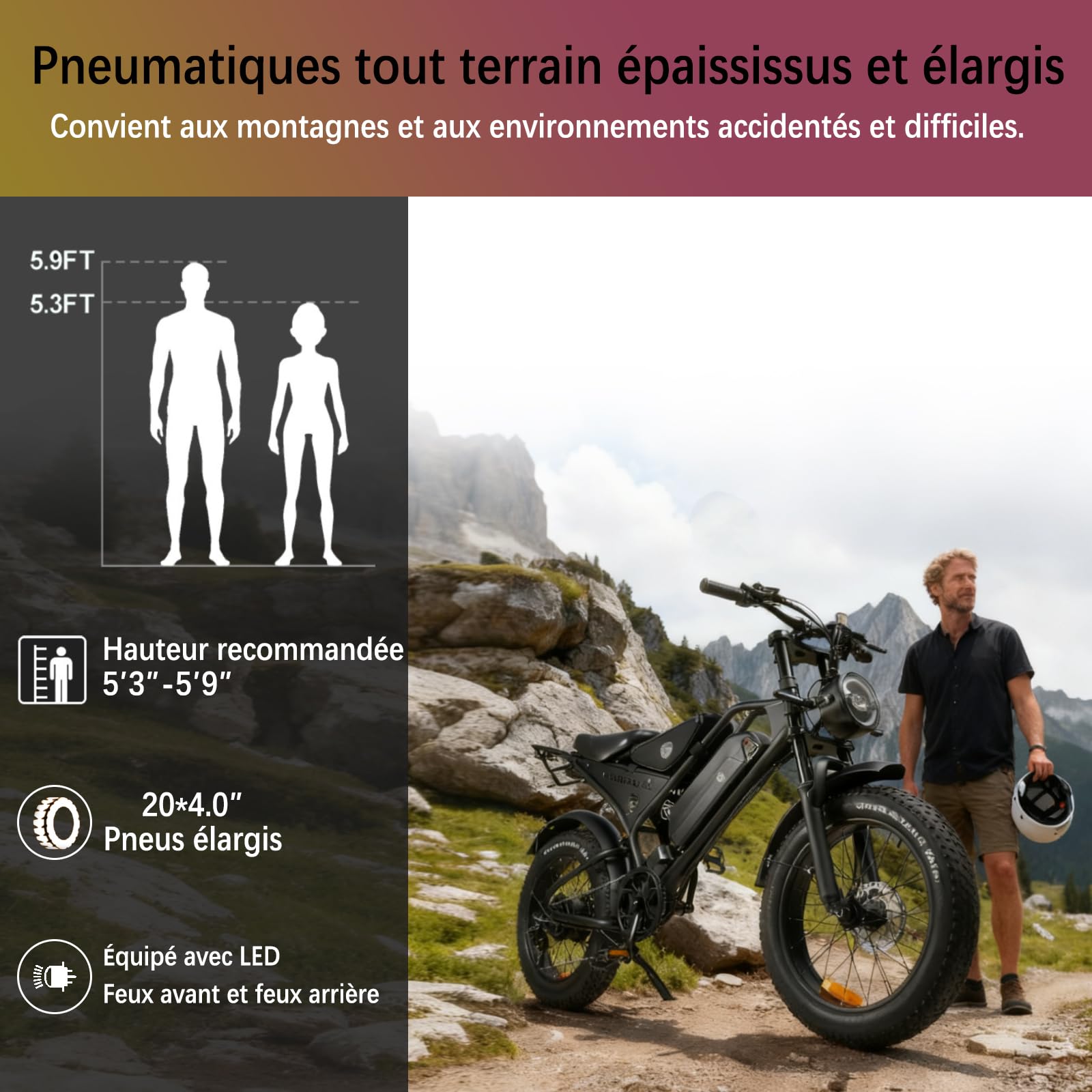 Vélo électrique pour adulte - Pour homme et femme - Batterie au lithium 48 V 18,2 Ah - Longue portée - 7 vitesses - Pour VTT, plage et neige