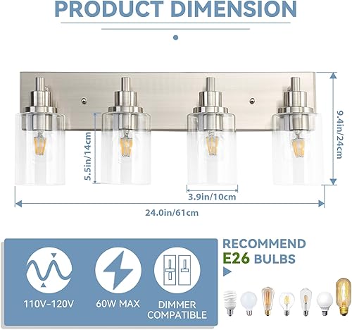 Miniatura 7 de LOUSACE Lámpara de tocador de baño de 4 luces de níquel cepillado, accesorios de iluminación de baño con pantallas de vidrio transparente sobre