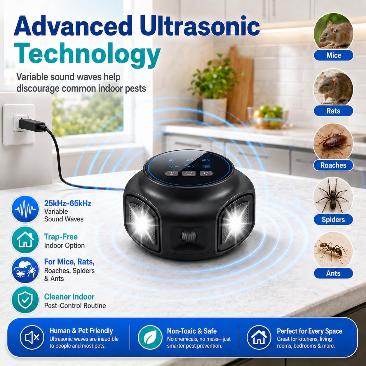 2 Pack Ultrasonic Pest Repellent Indoor Plug-in for Home, Mouse Repellent 3-Mode Electronic Rodent Repeller for Mice, Rats, Roaches, Spiders, Garage, Basement & Attic image 2