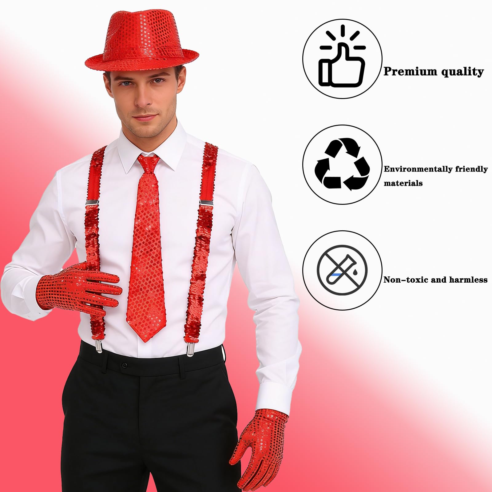 mens sequin costume accessories, sequin braces, sequin outfits, mens outfit, hats, braces, gloves, tie, suitable for carnival party characters - 5