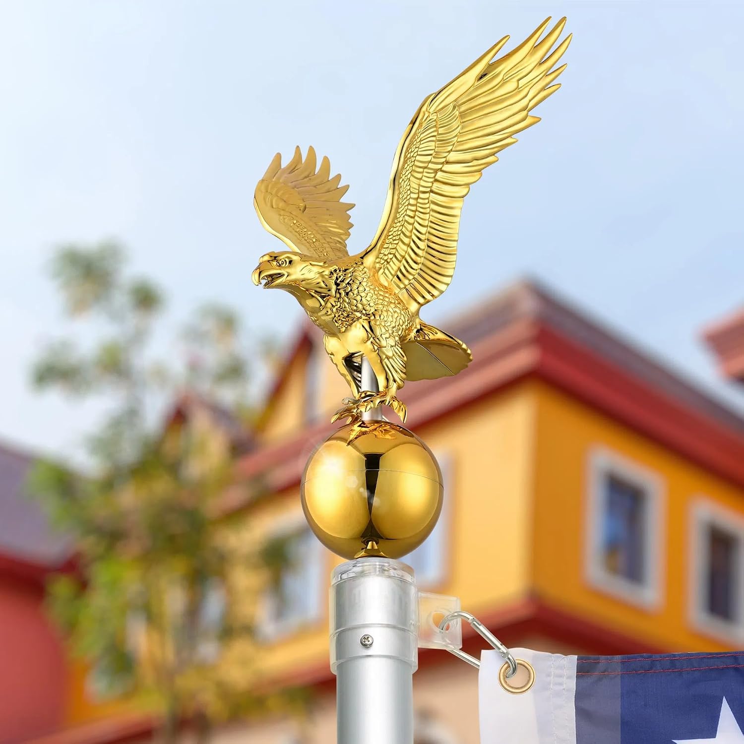 Gold Eagle Flagpole Topper Finial Ornament, 14 Inch Decorative Flag Pole Ornament with Ball, Universal Fit for 20/25/30 Ft Telescopic Poles, Rust-Free Durable Plastic and Aluminum
