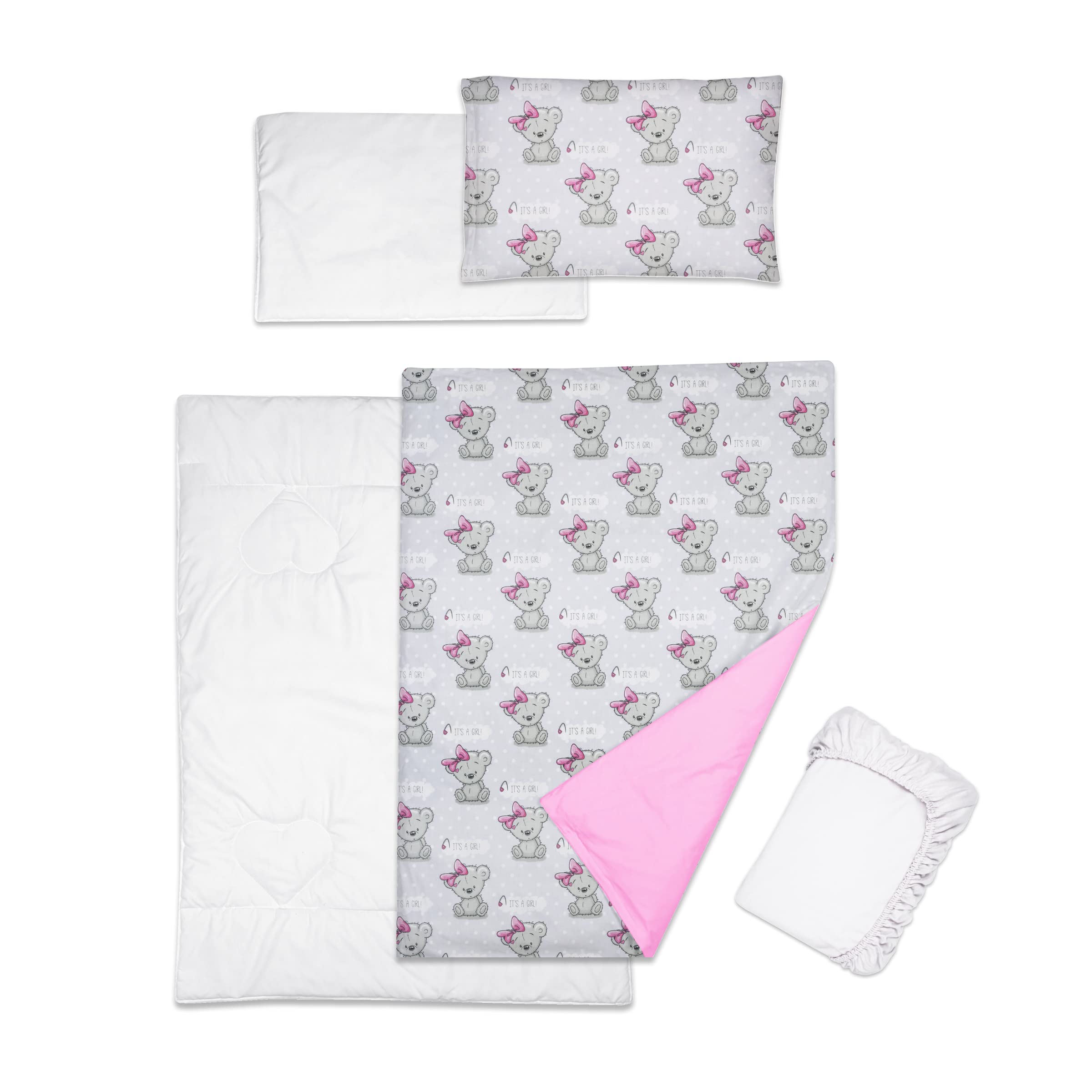 Baby Comfort 5 Piece Toddler Bedding Duvet Pillow with Covers & Jersey Sheet fits 120x60cm Cot Bed 12M+ (It's a Girl)