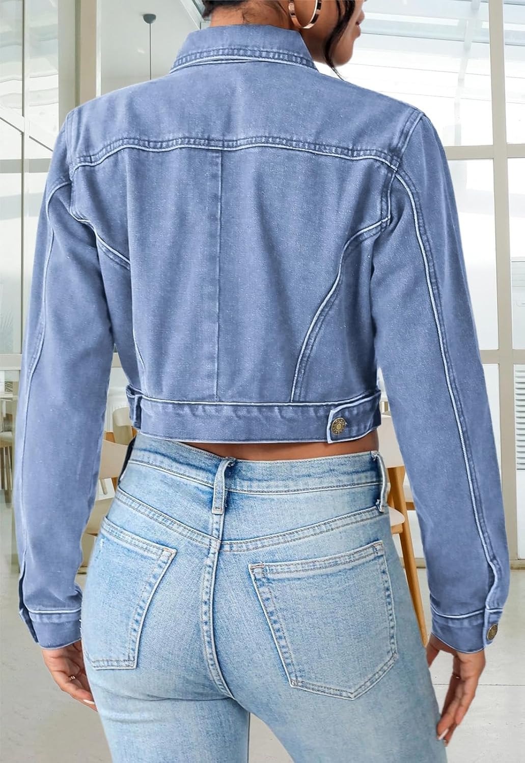 Cropped Jean Jacket for Women Long Sleeve Classic Casual Crop Top Denim Jackets Coat - Image 4