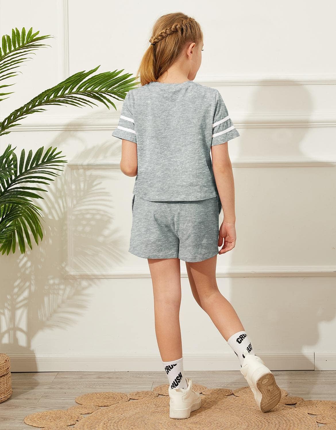 Haloumoning Girls Summer Crop Tops and Shorts Set Cute Color Block Two Piece Outfits Casual Sweat Tracksuit with Side Pockets - Image 2